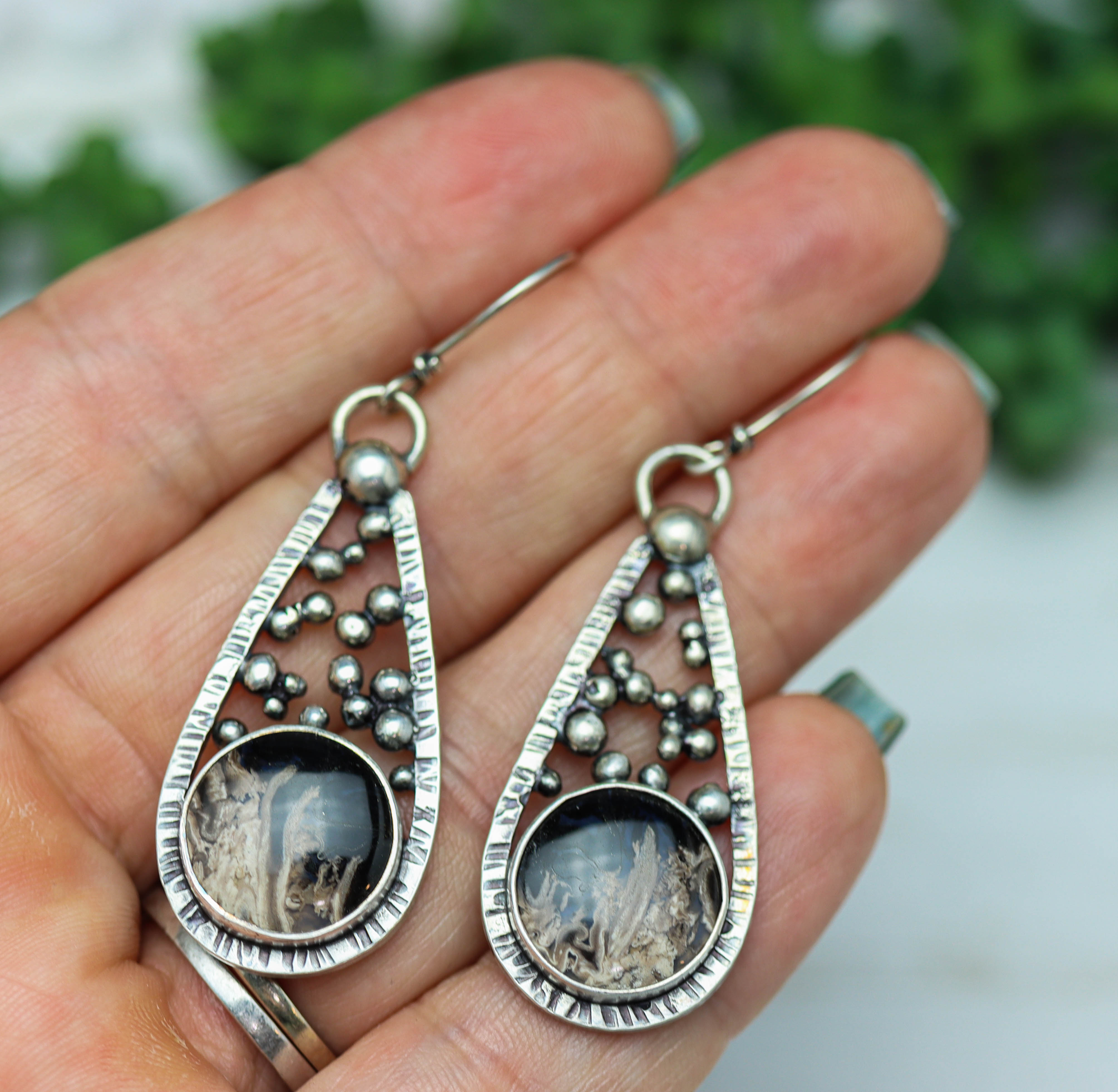 Fossil Palm Wood Dangle Earrings Sterling Silver