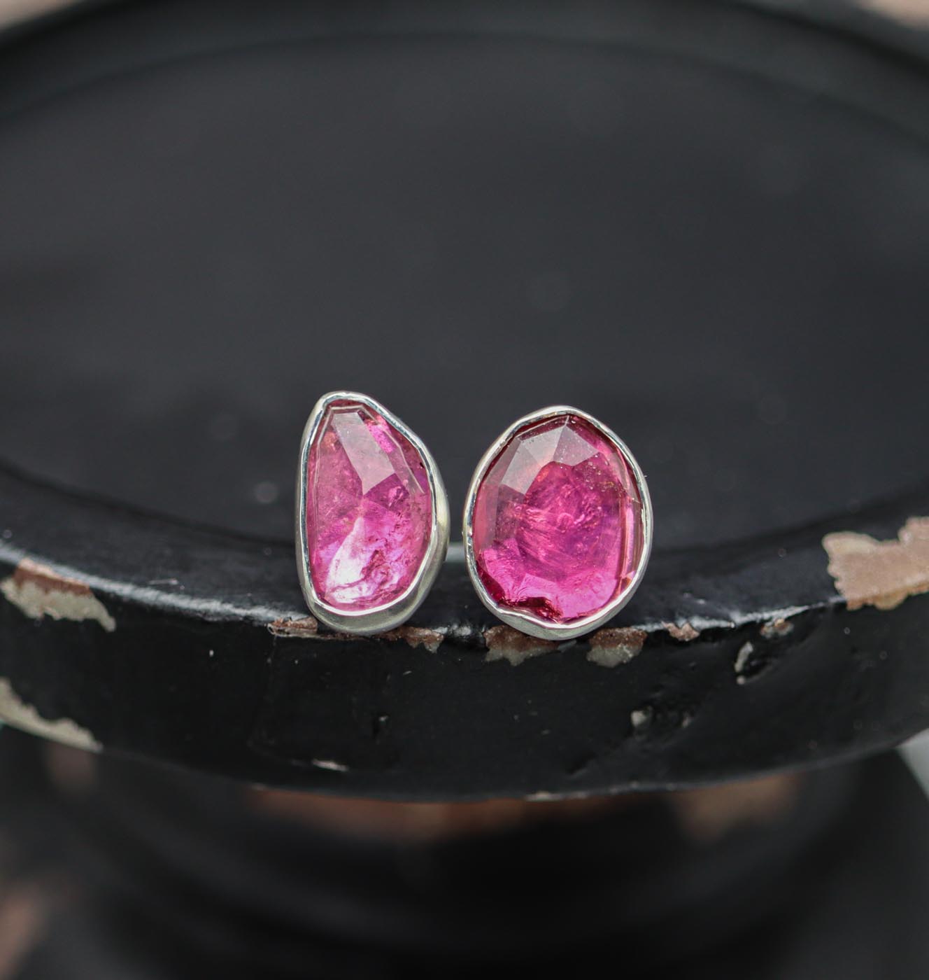 Pink Tourmaline Mismatched Stud Earrings Sterling Silver