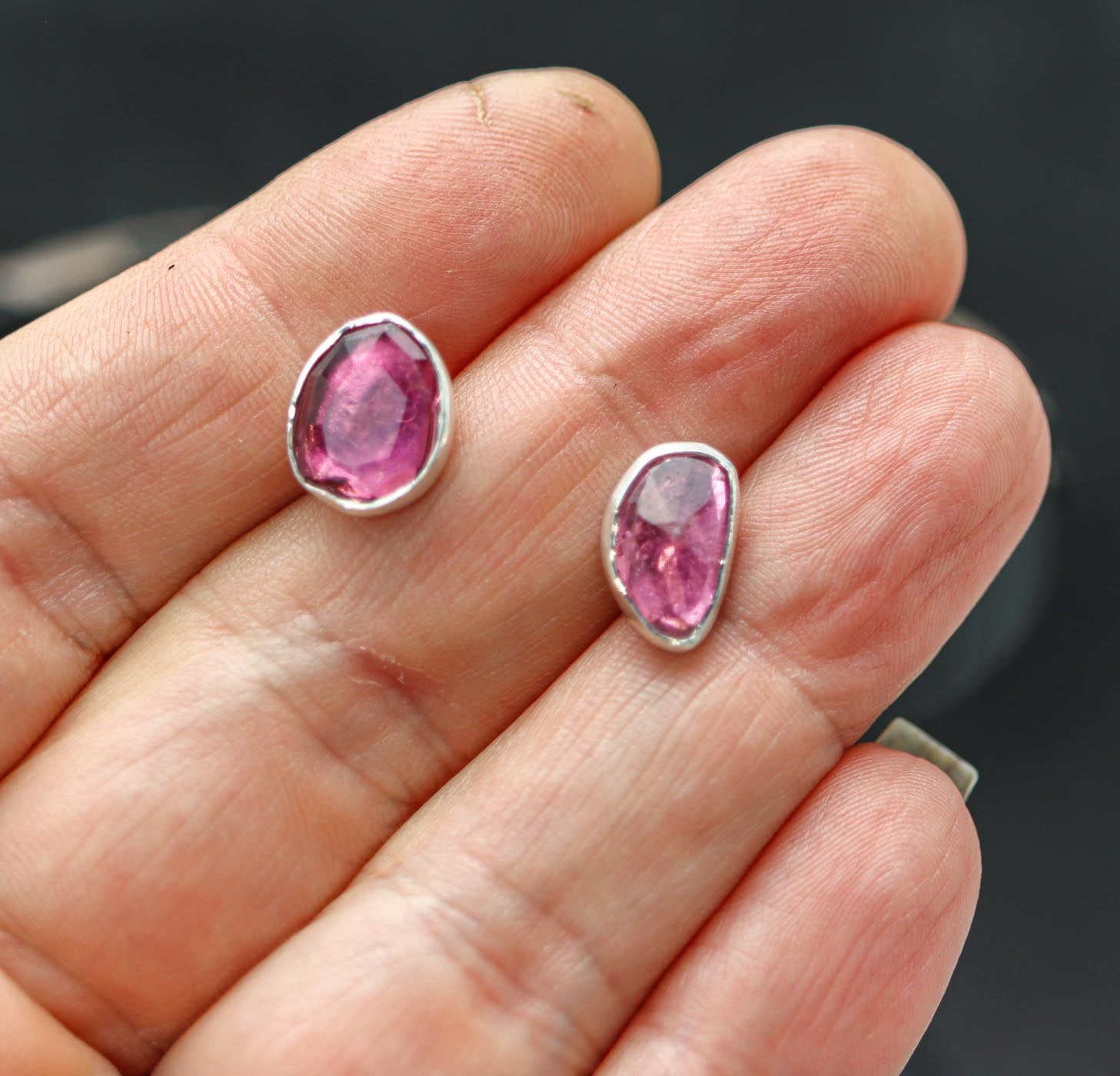 Pink Tourmaline Mismatched Stud Earrings Sterling Silver