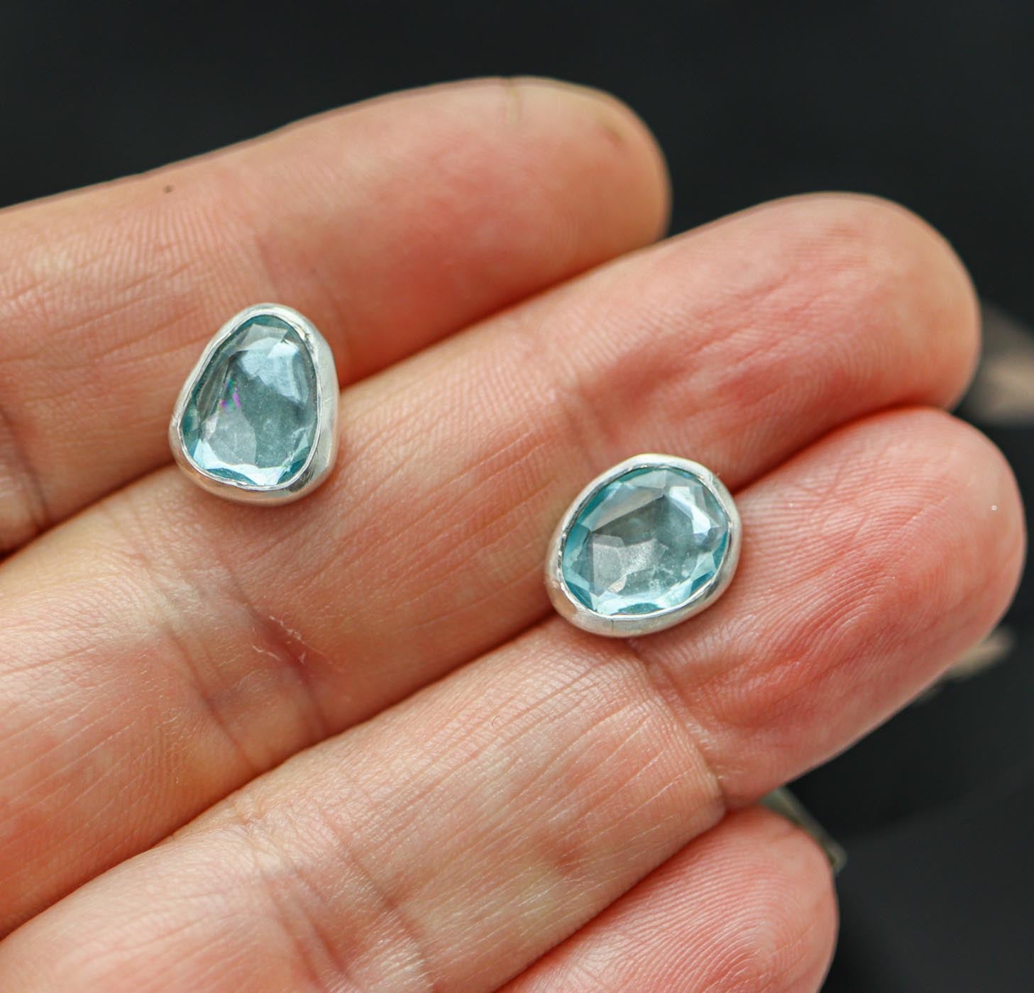 Sparkly Blue Topaz Stud Earrings Sterling Silver