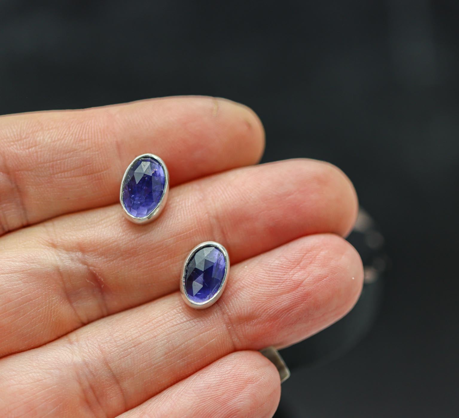 Blue Violet Iolite Stud Earrings Sterling Silver