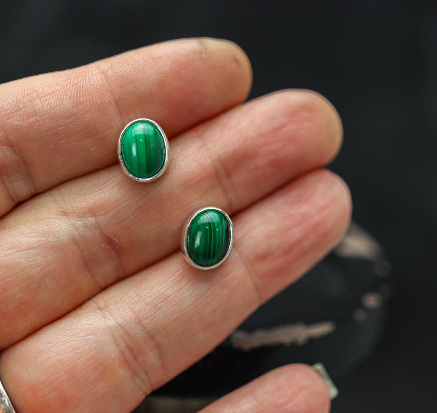 Green Malachite Stud Earrings Sterling Silver