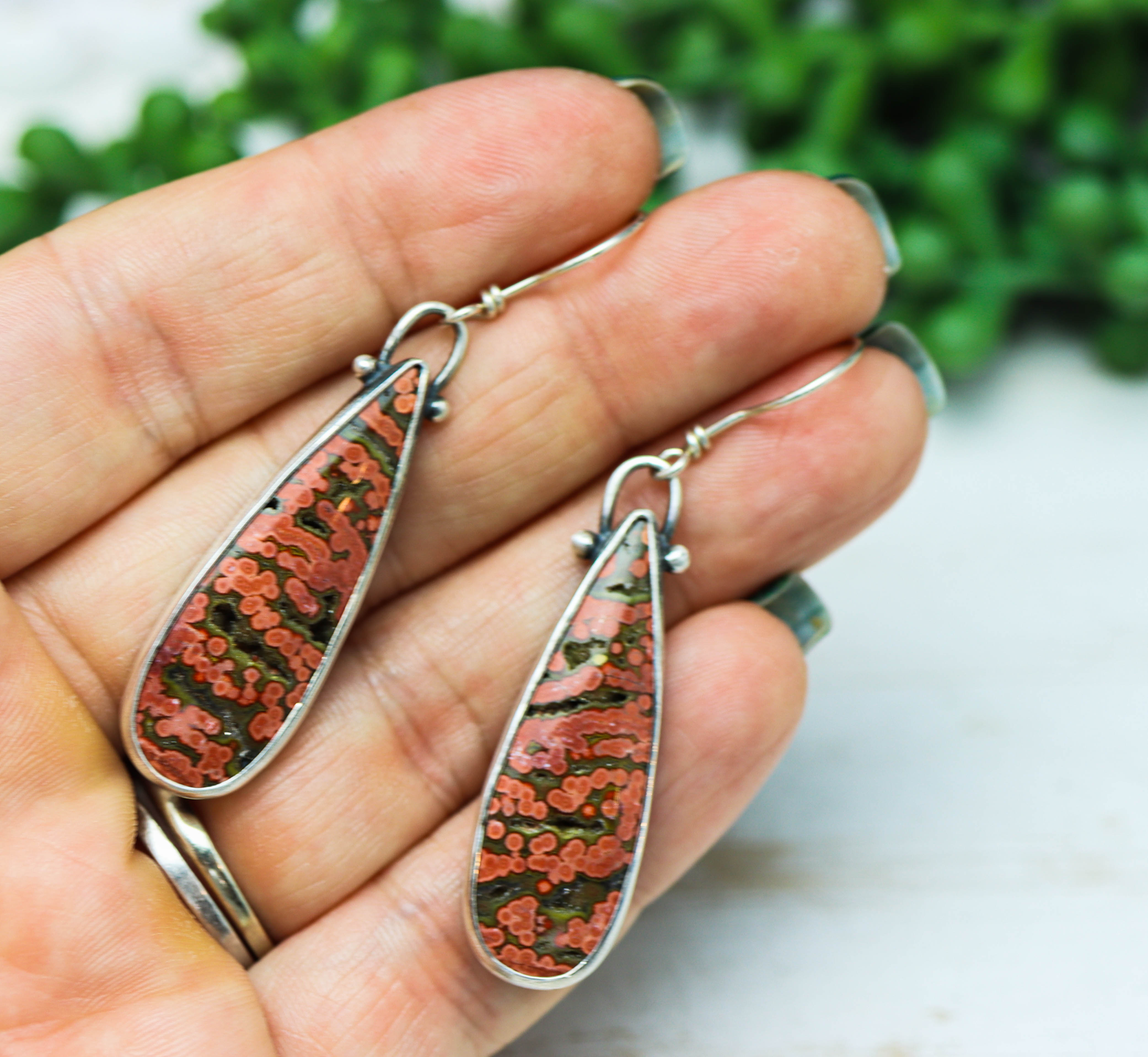 Orbicular Jasper Dangle Earrings Sterling Silver