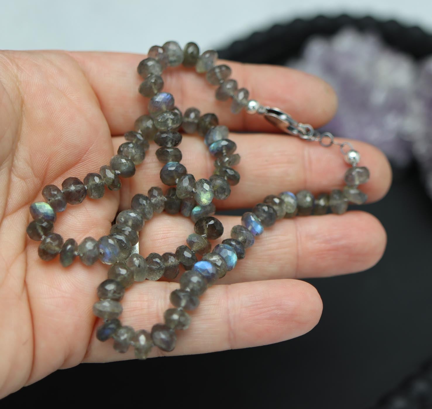 Sparkly Labradorite Hand Knotted Bead Necklace Sterling Silver 16 Inch