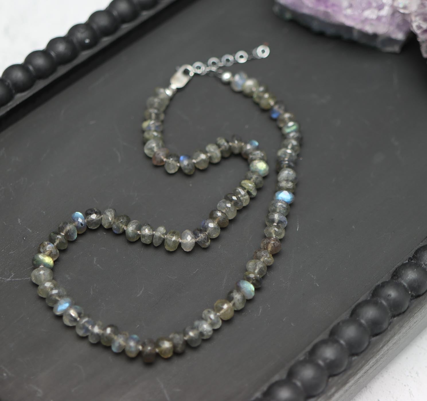 Sparkly Labradorite Hand Knotted Bead Necklace Sterling Silver 16 Inch