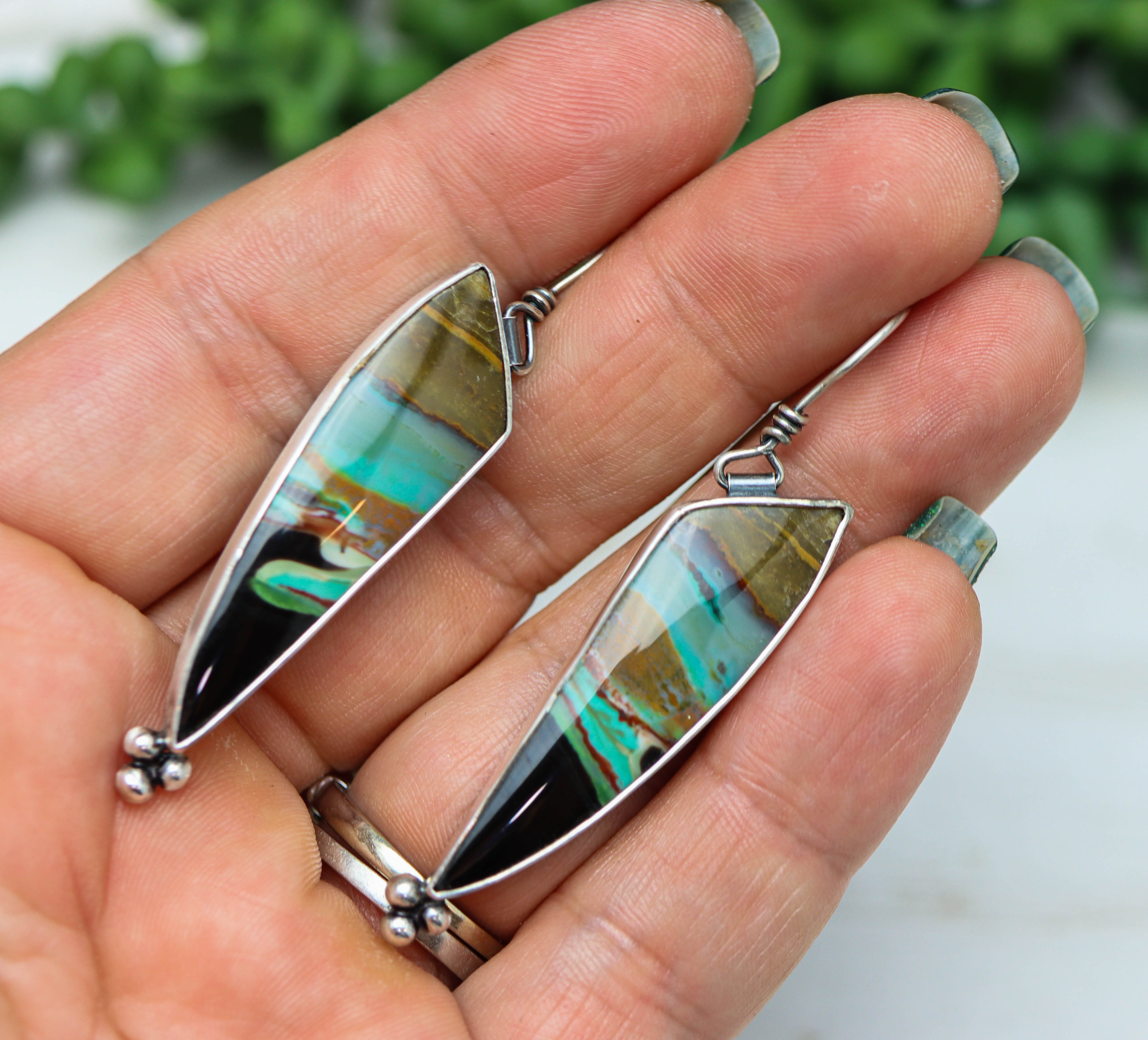 Opalized Petrified Wood Dangle Earrings Sterling Silver