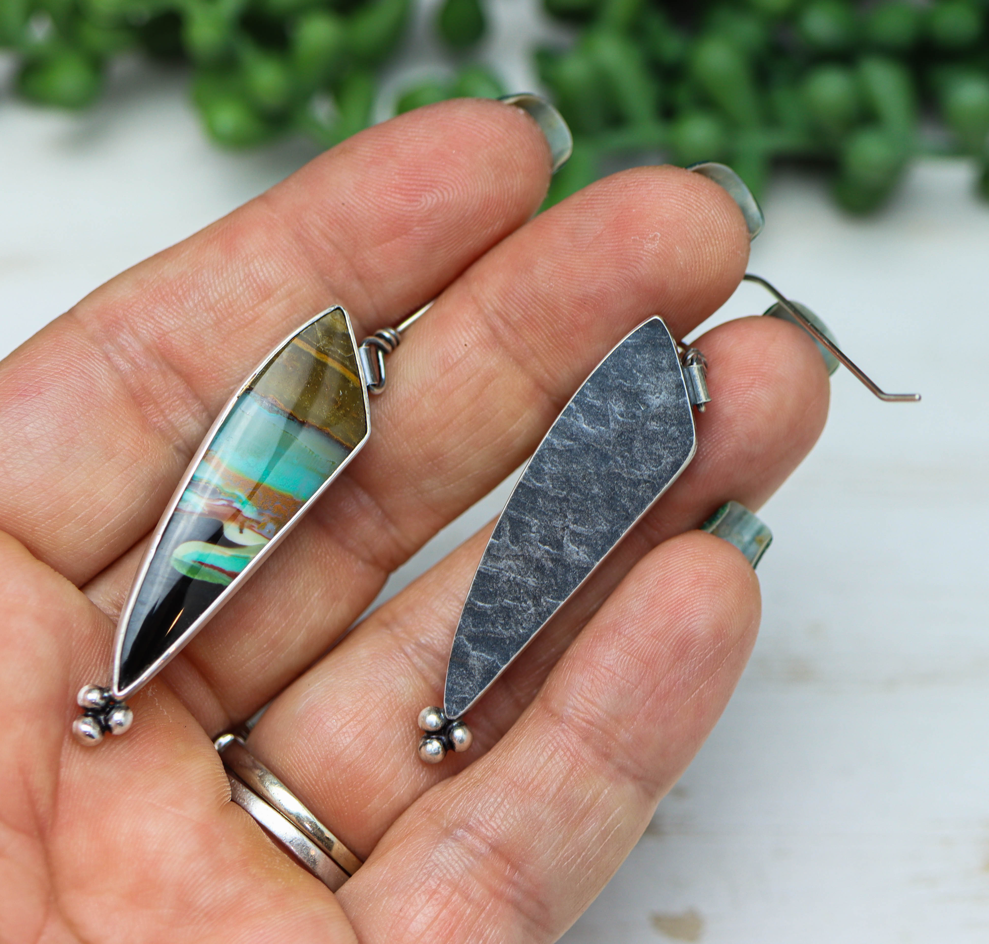 Opalized Petrified Wood Dangle Earrings Sterling Silver