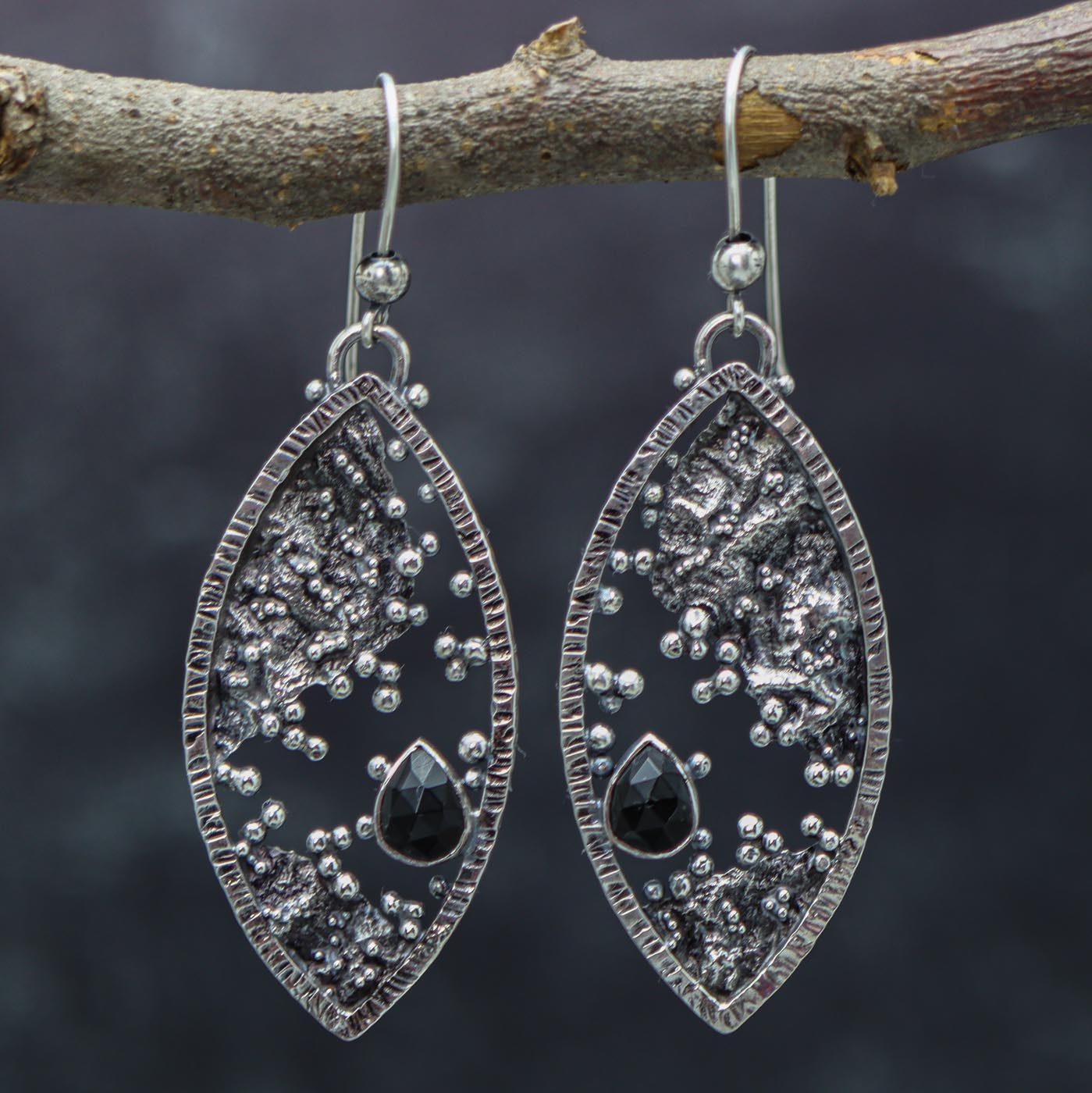 Flashy Black Spinel Reticulation and Granulation Earrings