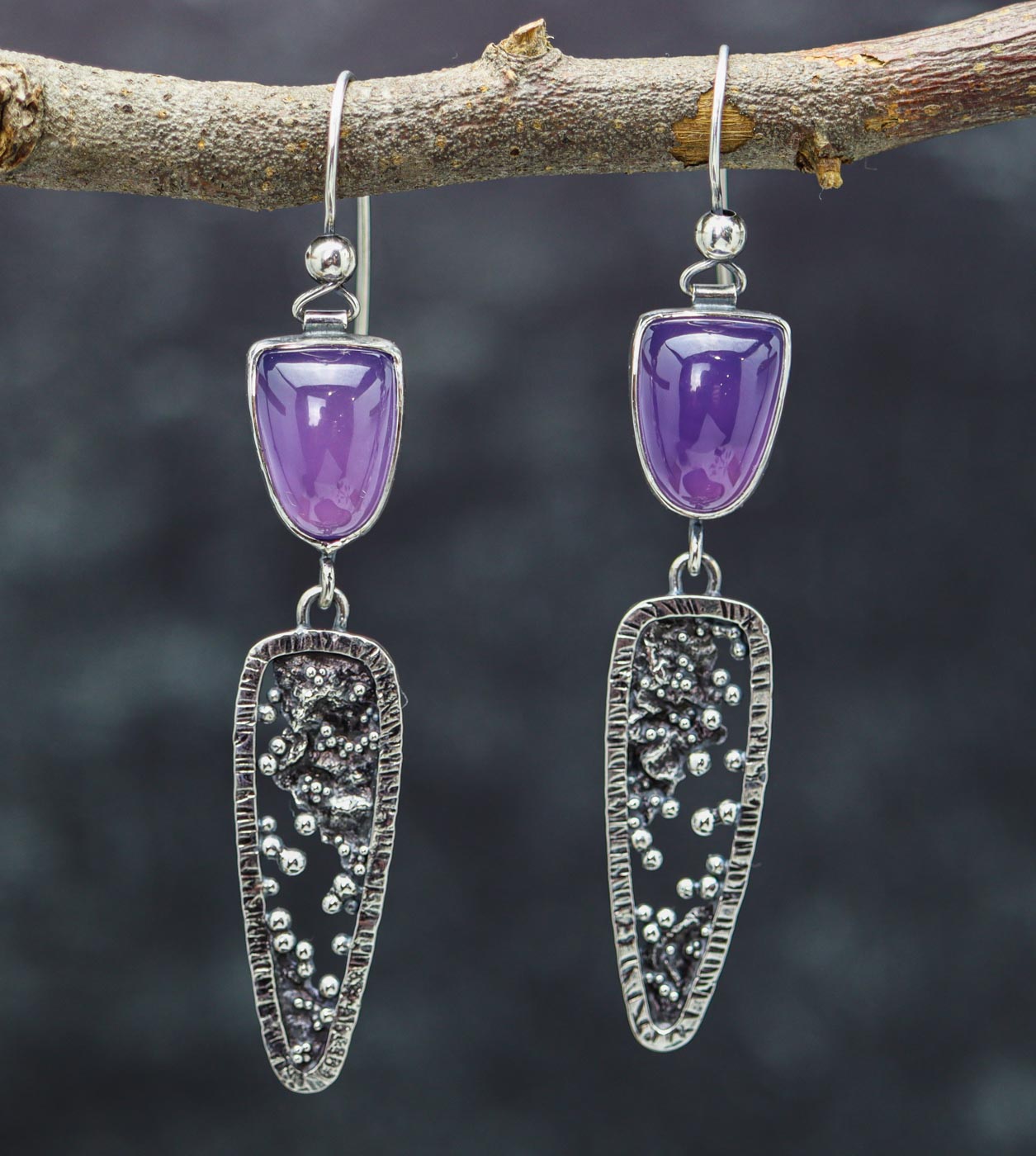 Lavender Chalcedony Reticulation and Granulation Earrings