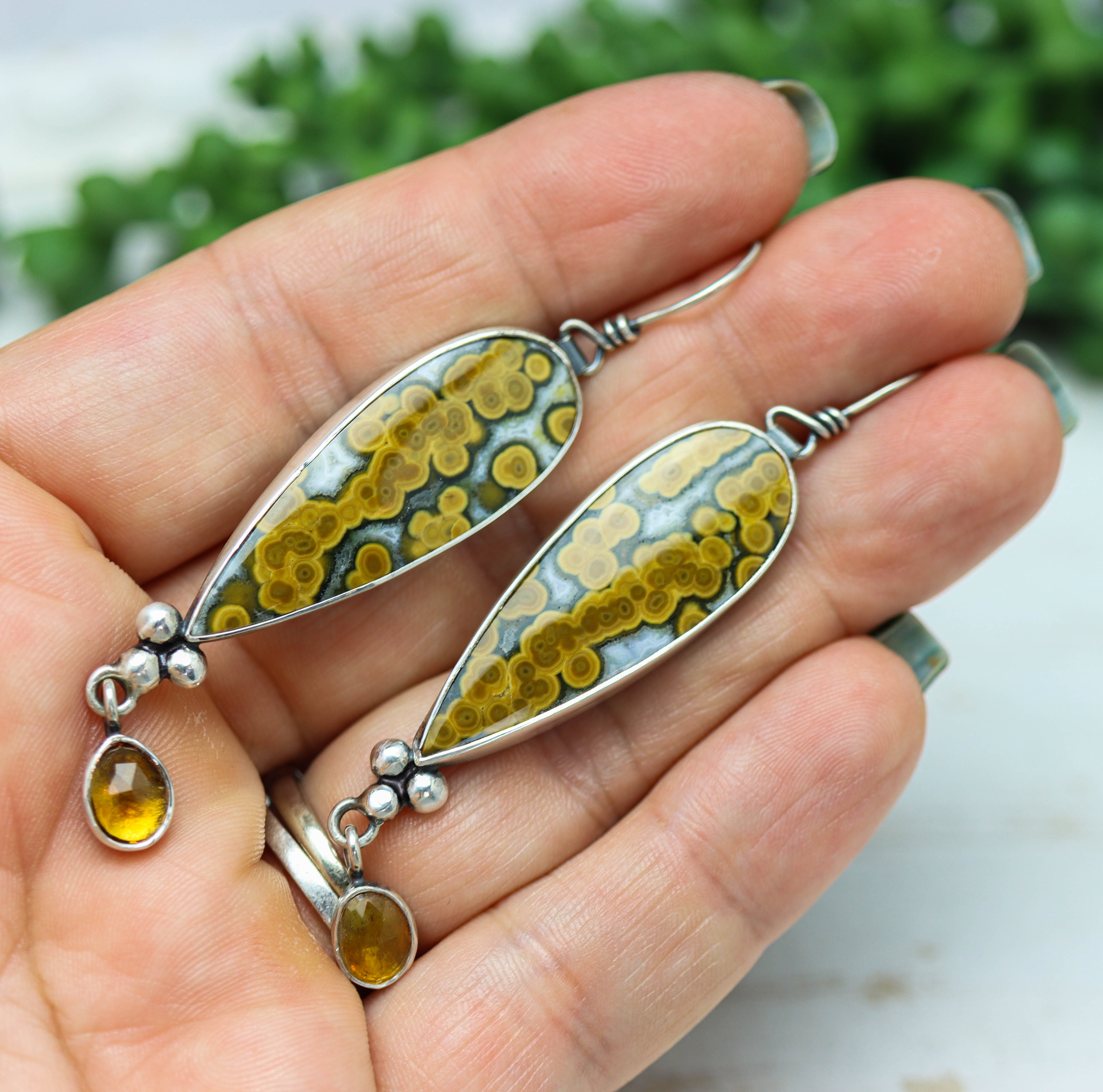 Orbicular Jasper and Citrine Dangle Earrings Sterling Silver