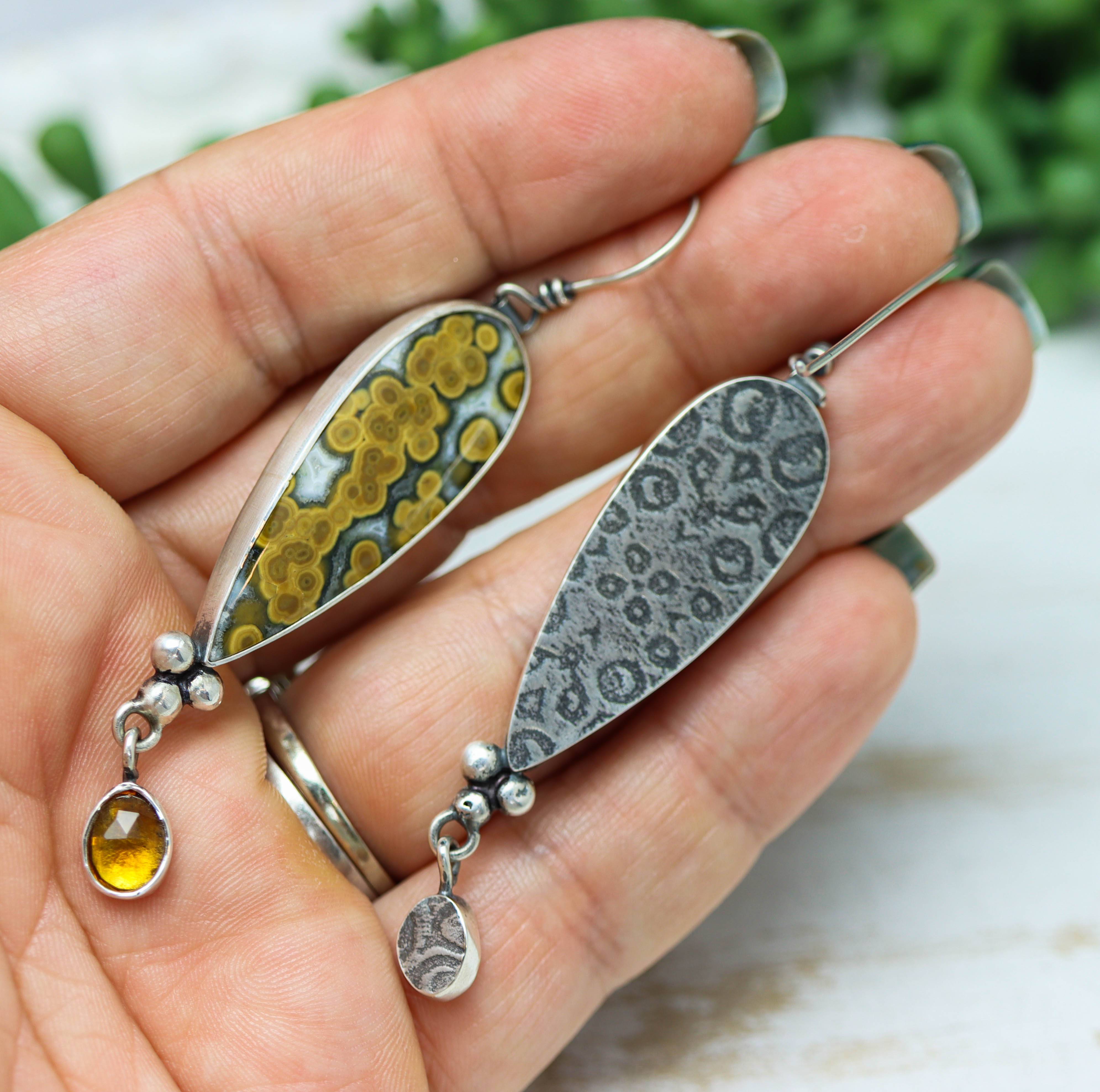 Orbicular Jasper and Citrine Dangle Earrings Sterling Silver