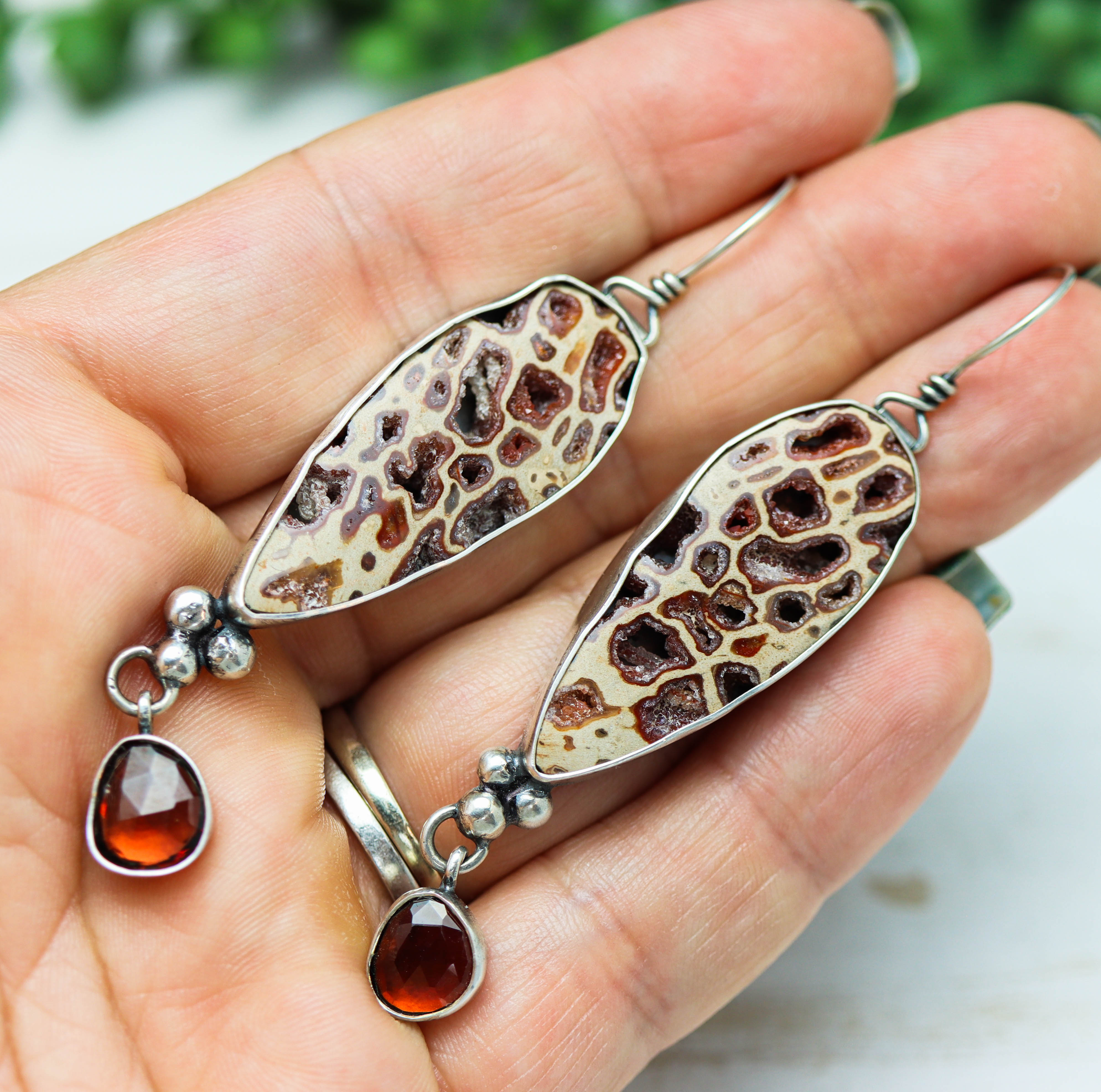 Petrified Wood and Garnet Dangle Earrings Sterling Silver