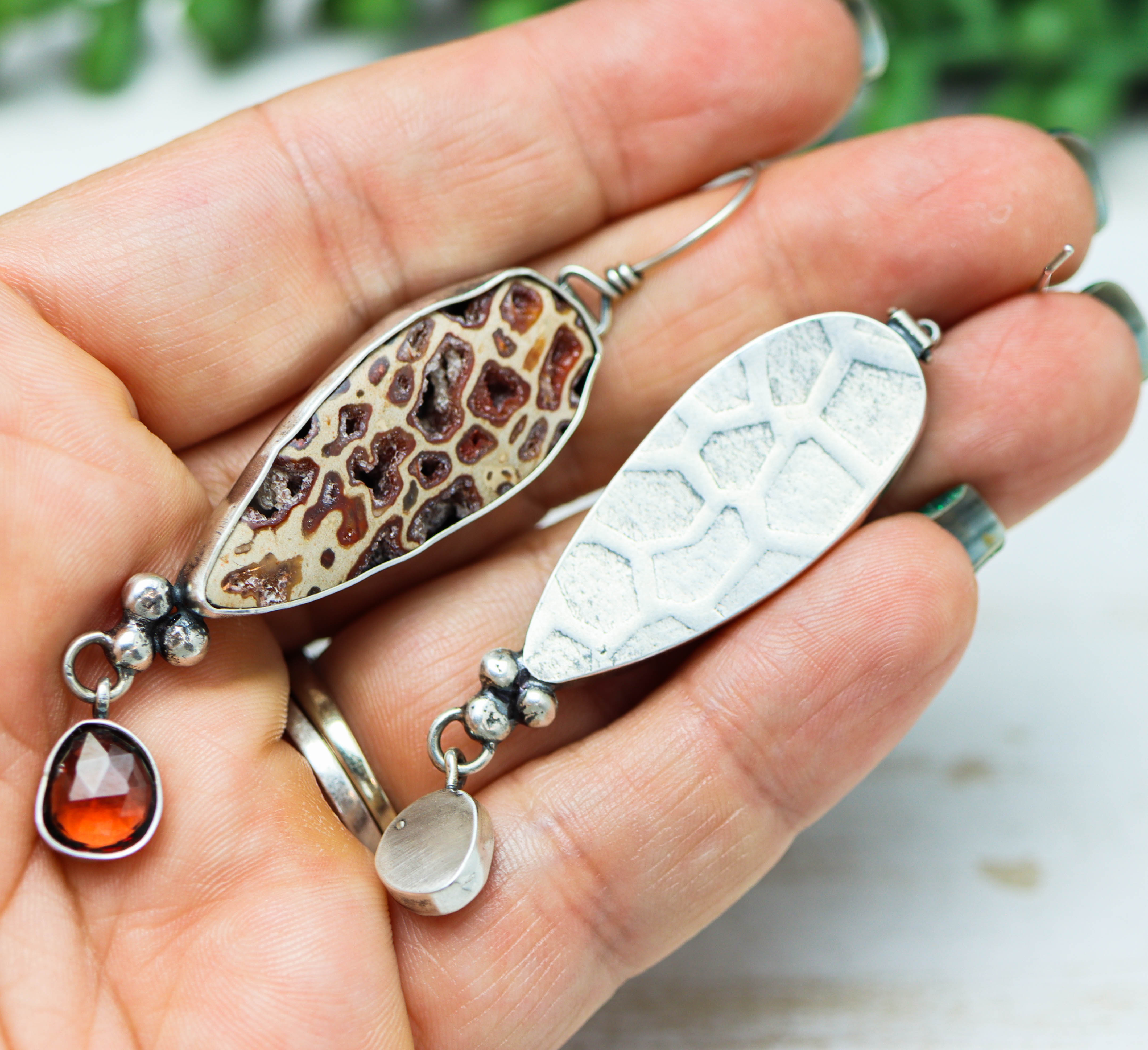Petrified Wood and Garnet Dangle Earrings Sterling Silver
