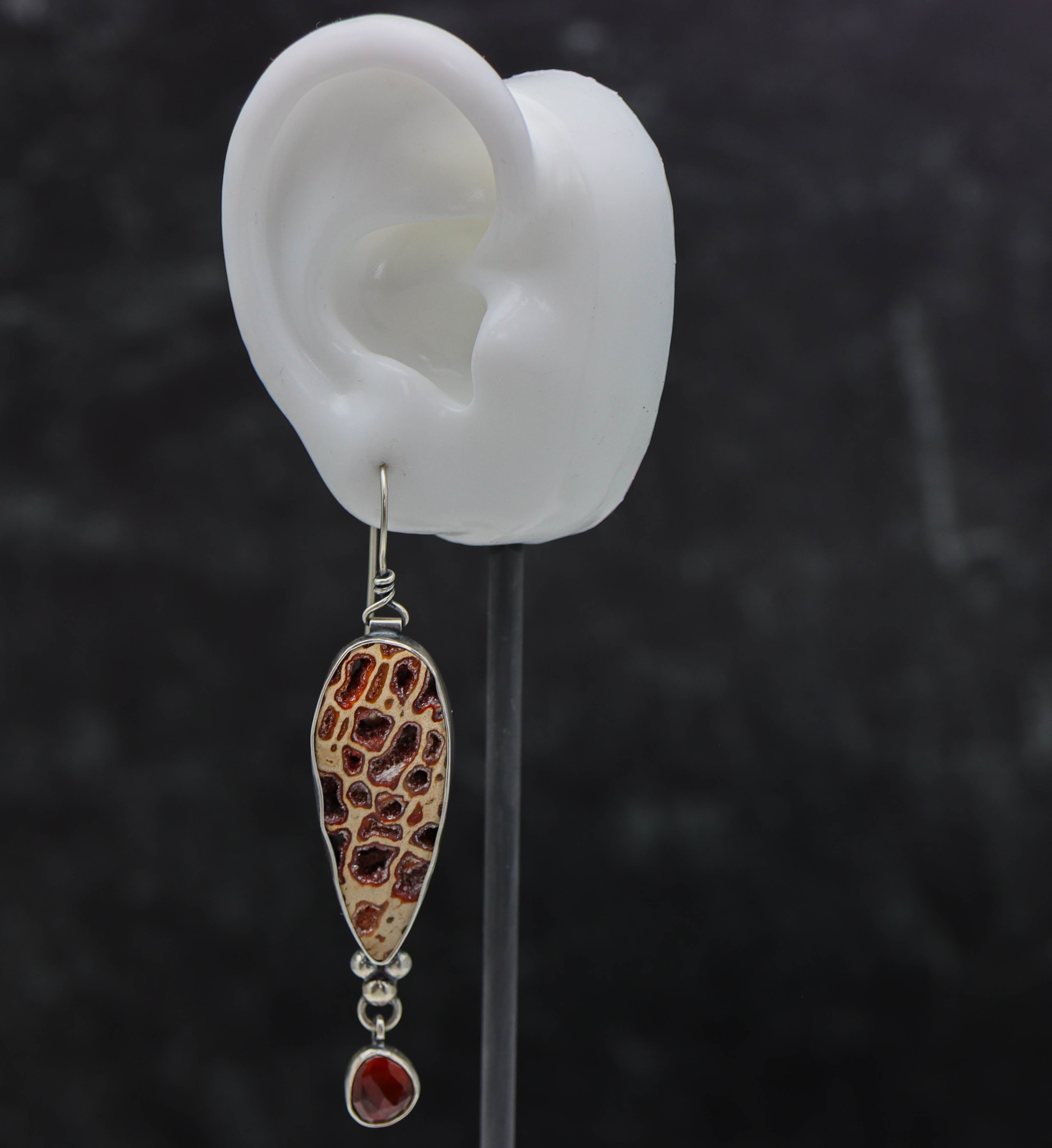 Petrified Wood and Garnet Dangle Earrings Sterling Silver