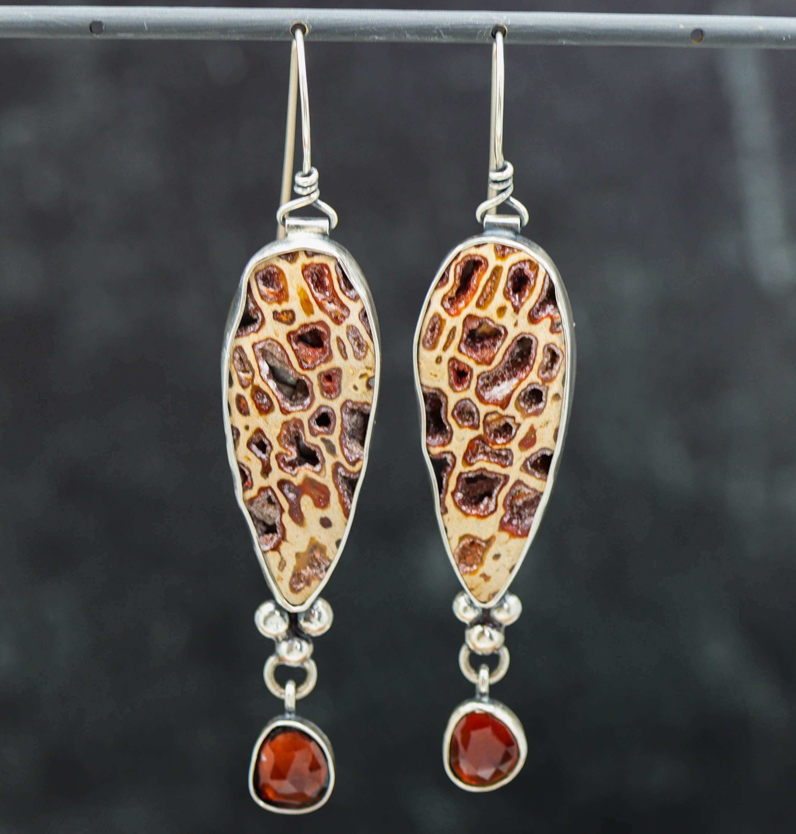 Petrified Wood and Garnet Dangle Earrings Sterling Silver