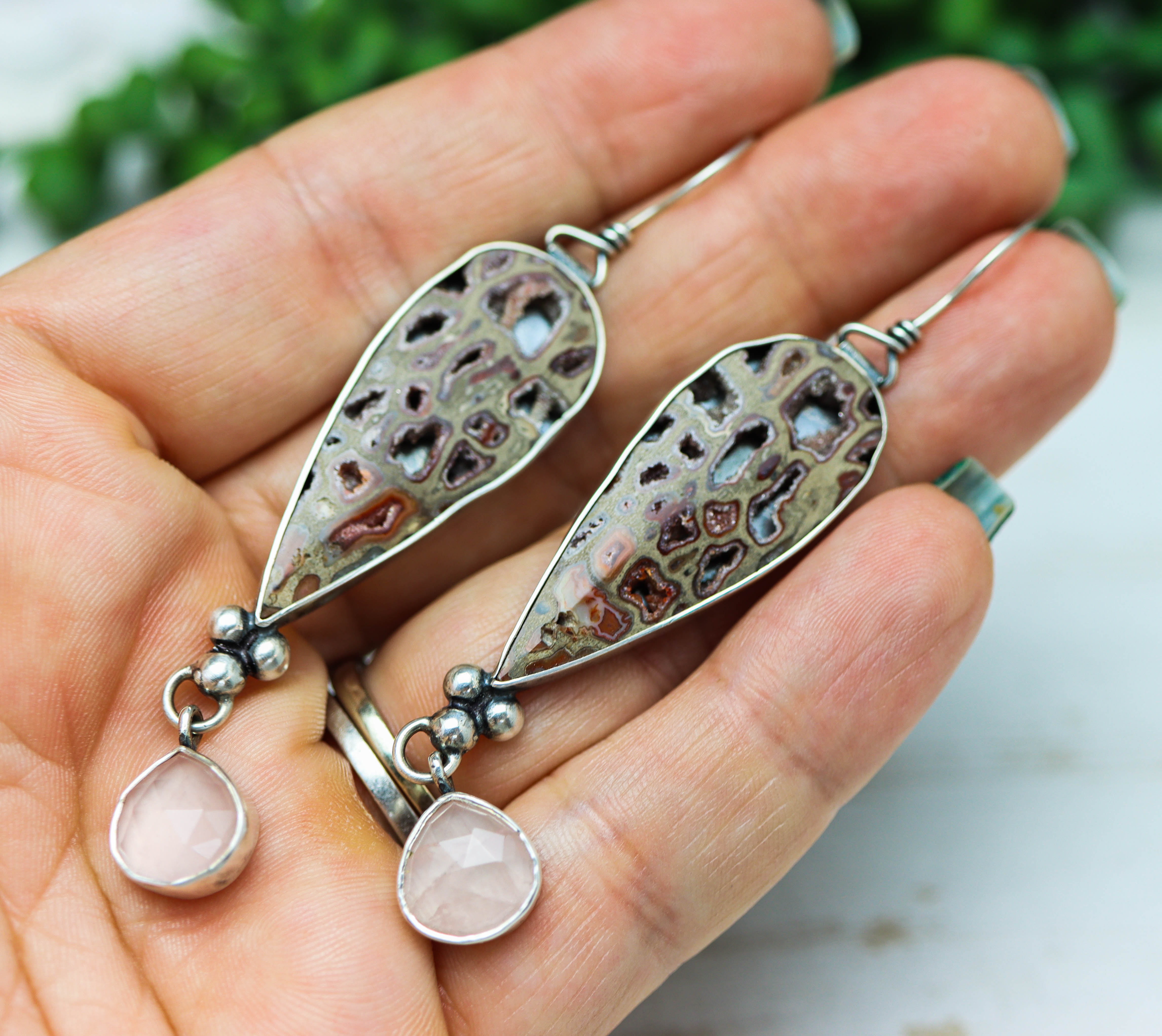 Petrified Wood and Rose Quartz Dangle Earrings Sterling Silver