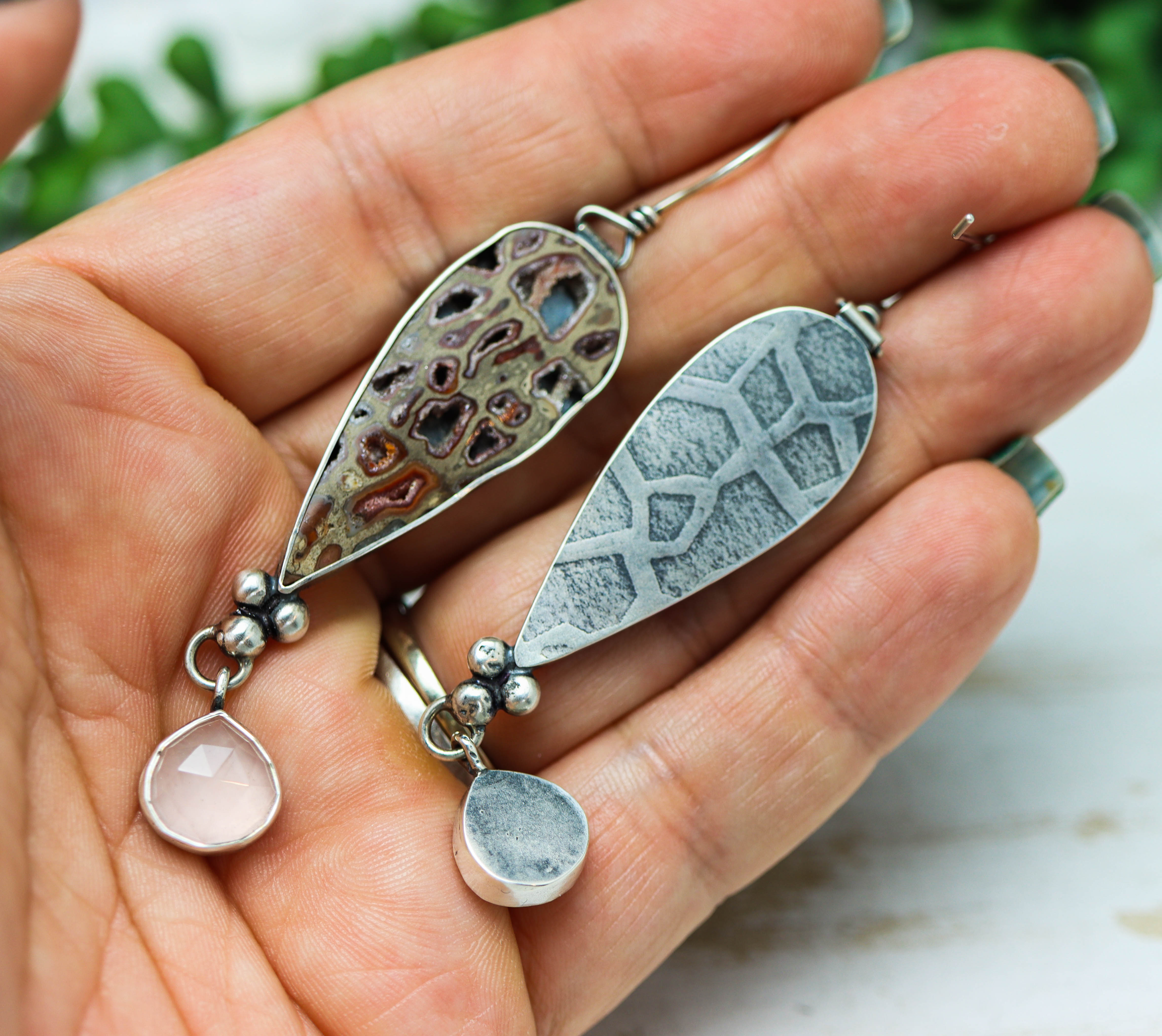 Petrified Wood and Rose Quartz Dangle Earrings Sterling Silver