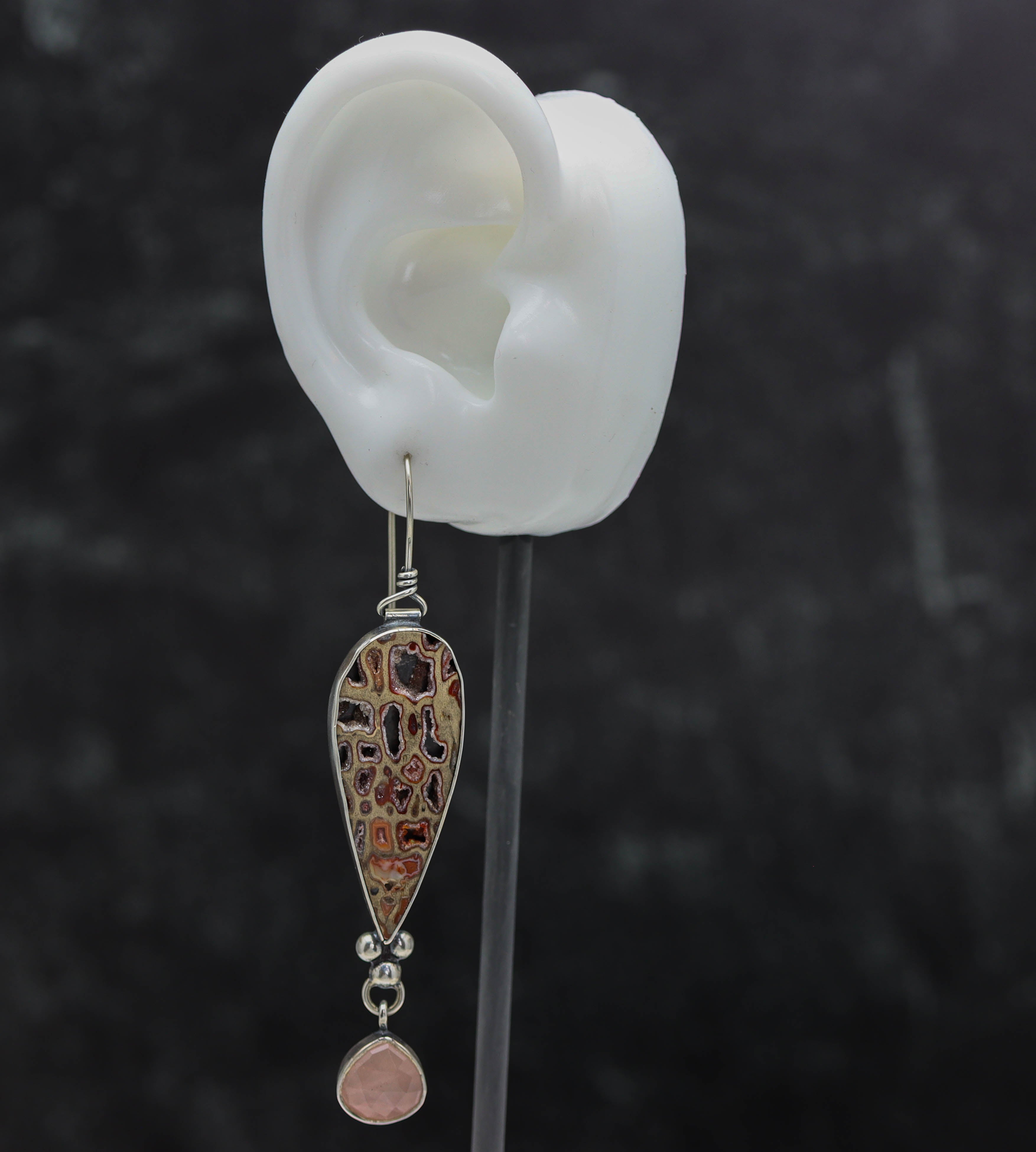Petrified Wood and Rose Quartz Dangle Earrings Sterling Silver