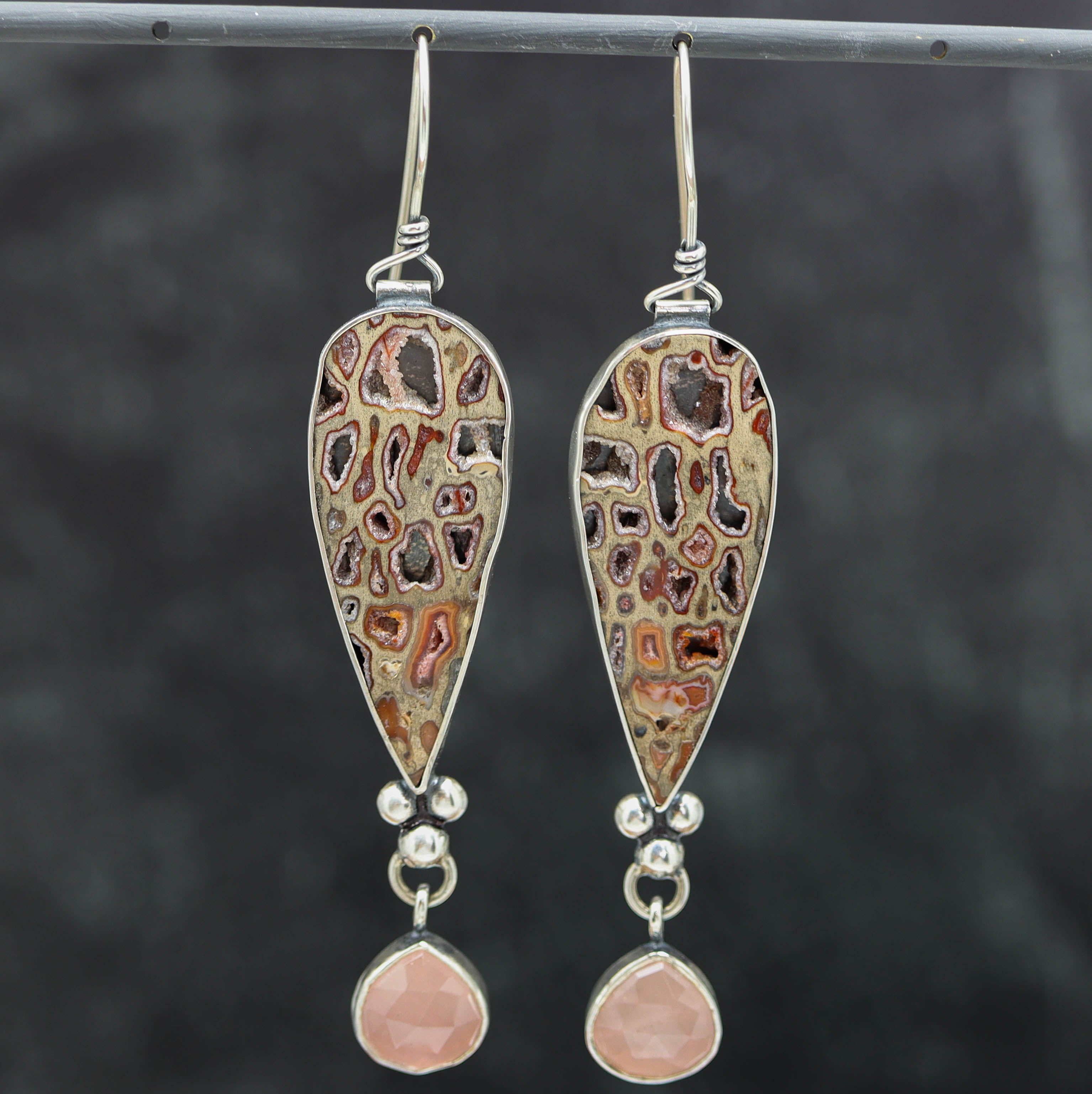 Petrified Wood and Rose Quartz Dangle Earrings Sterling Silver
