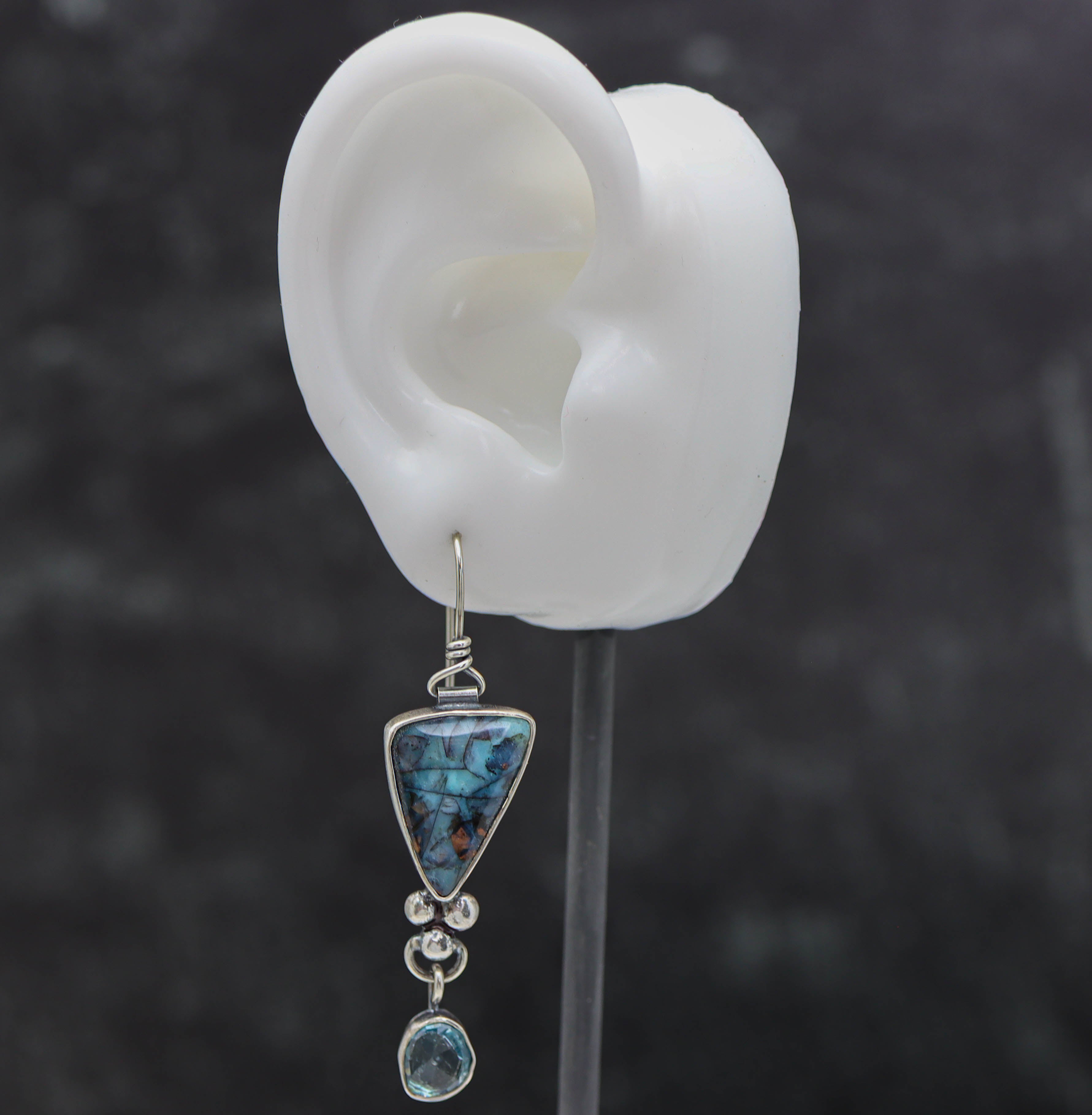 Opalized Petrified Wood and Blue Topaz Dangle Earrings Sterling Silver