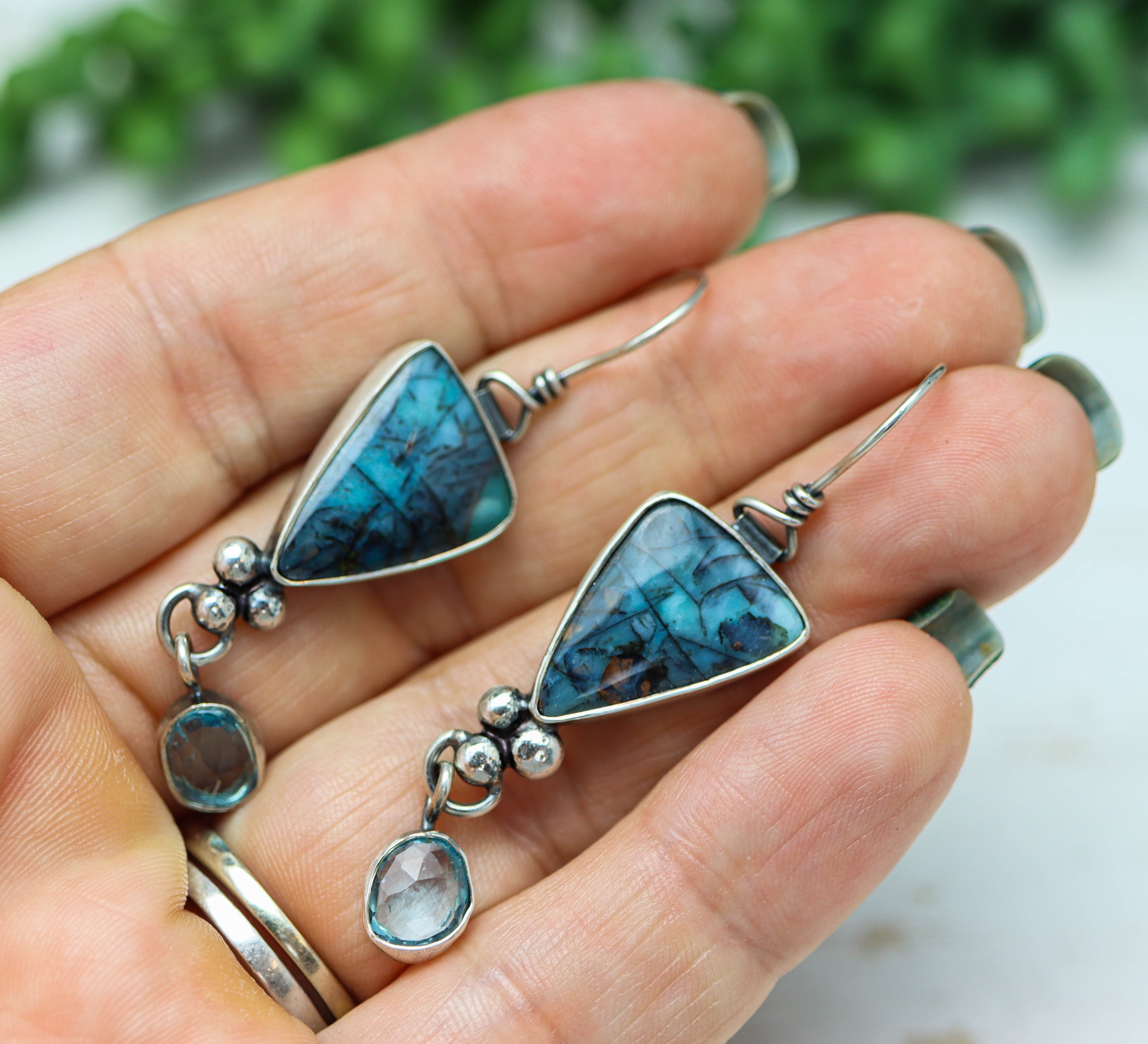 Opalized Petrified Wood and Blue Topaz Dangle Earrings Sterling Silver
