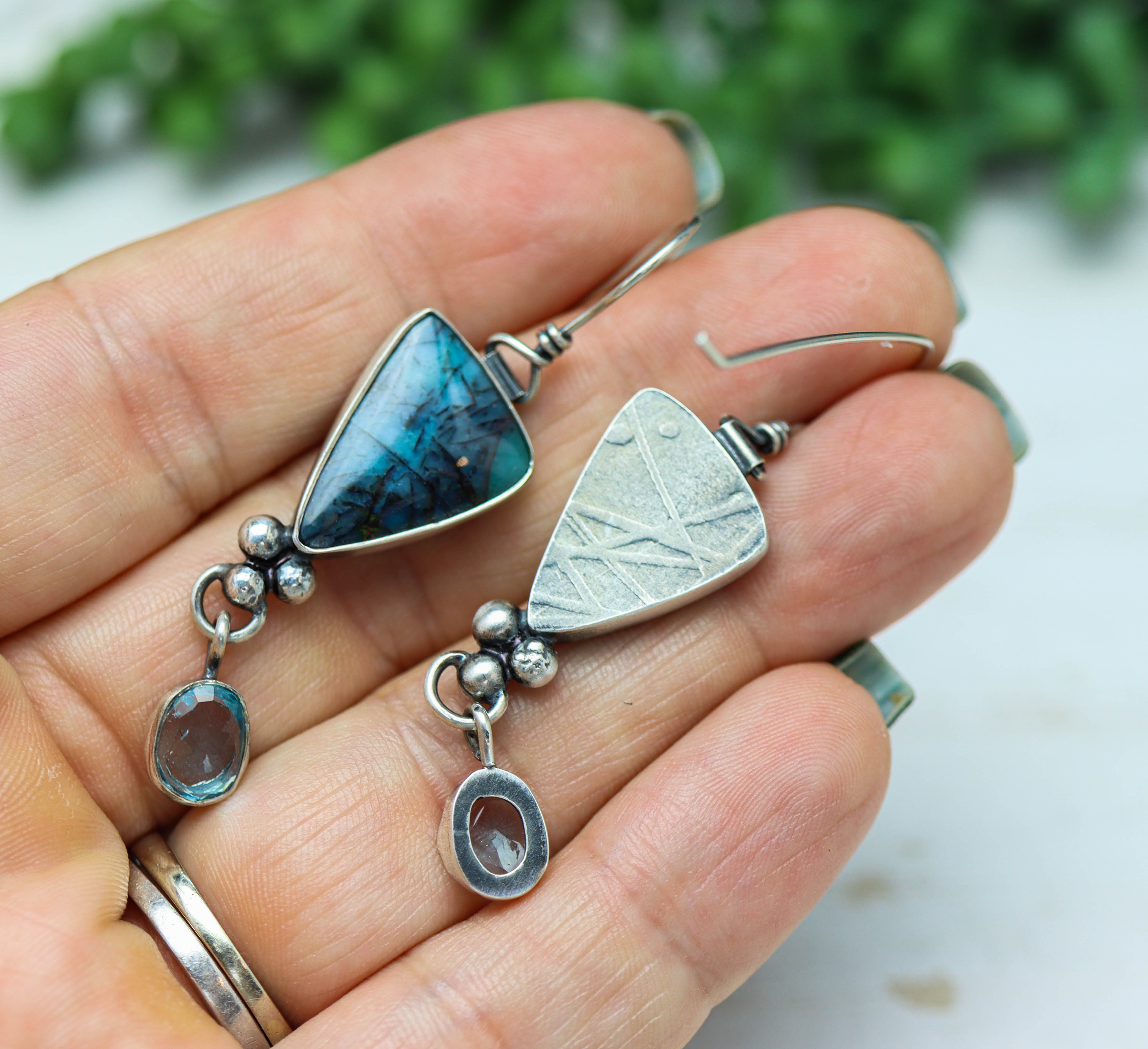 Opalized Petrified Wood and Blue Topaz Dangle Earrings Sterling Silver
