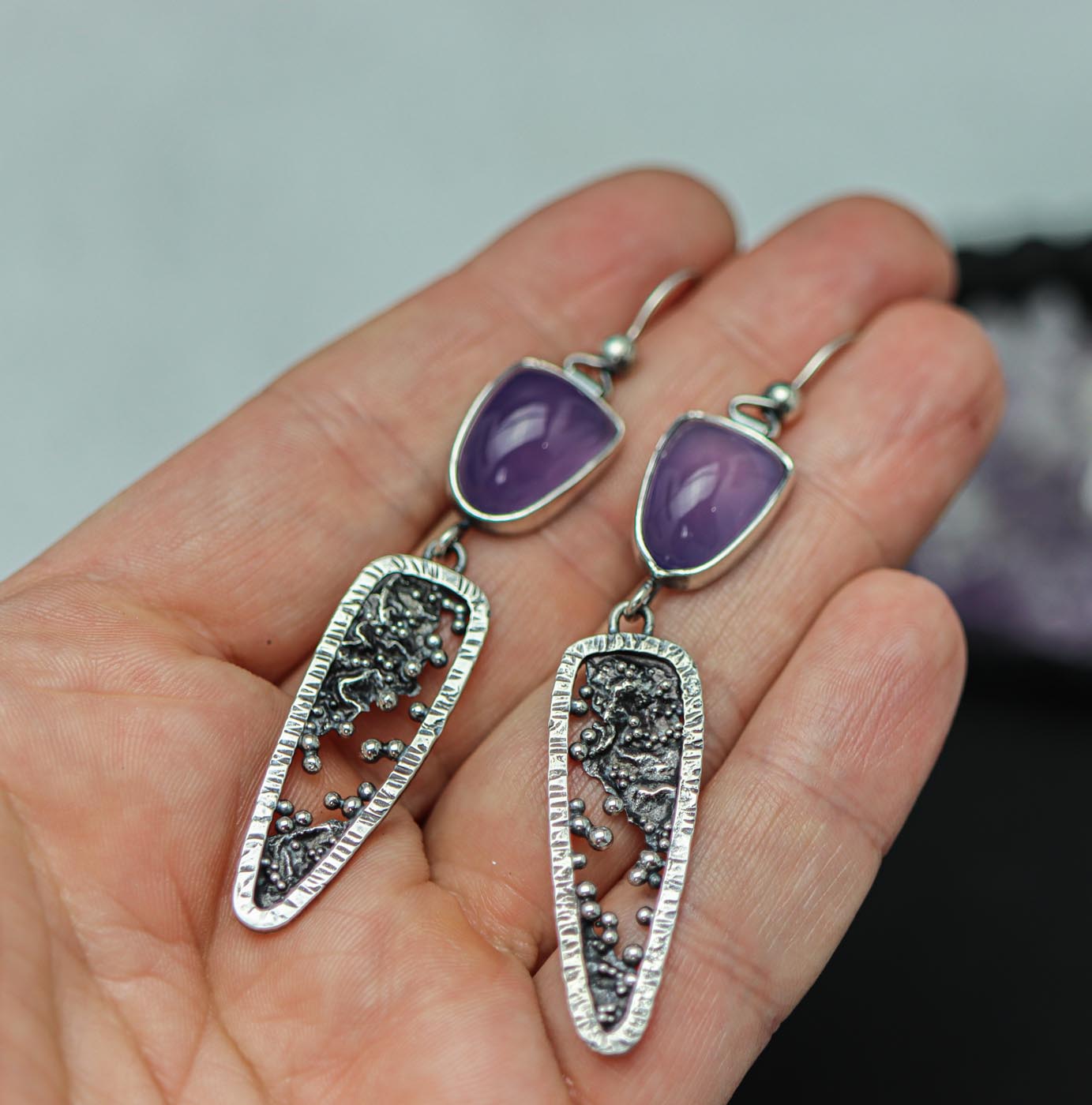 Lavender Chalcedony Reticulation and Granulation Earrings