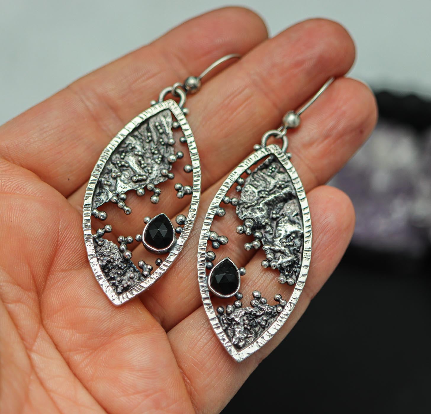 Flashy Black Spinel Reticulation and Granulation Earrings