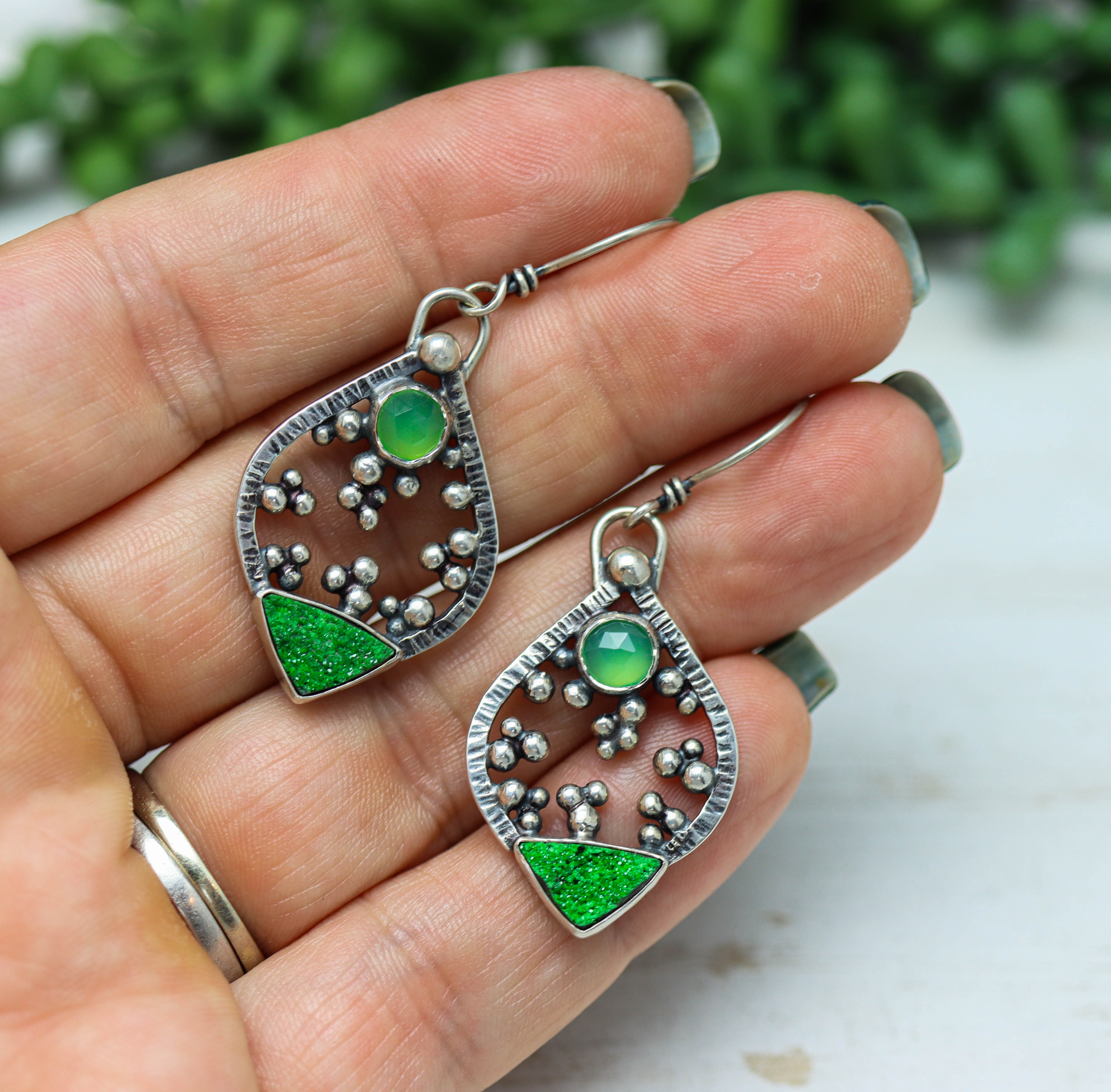 Chrysoprase and Uvarovite Garnet Earrings in Sterling Silver