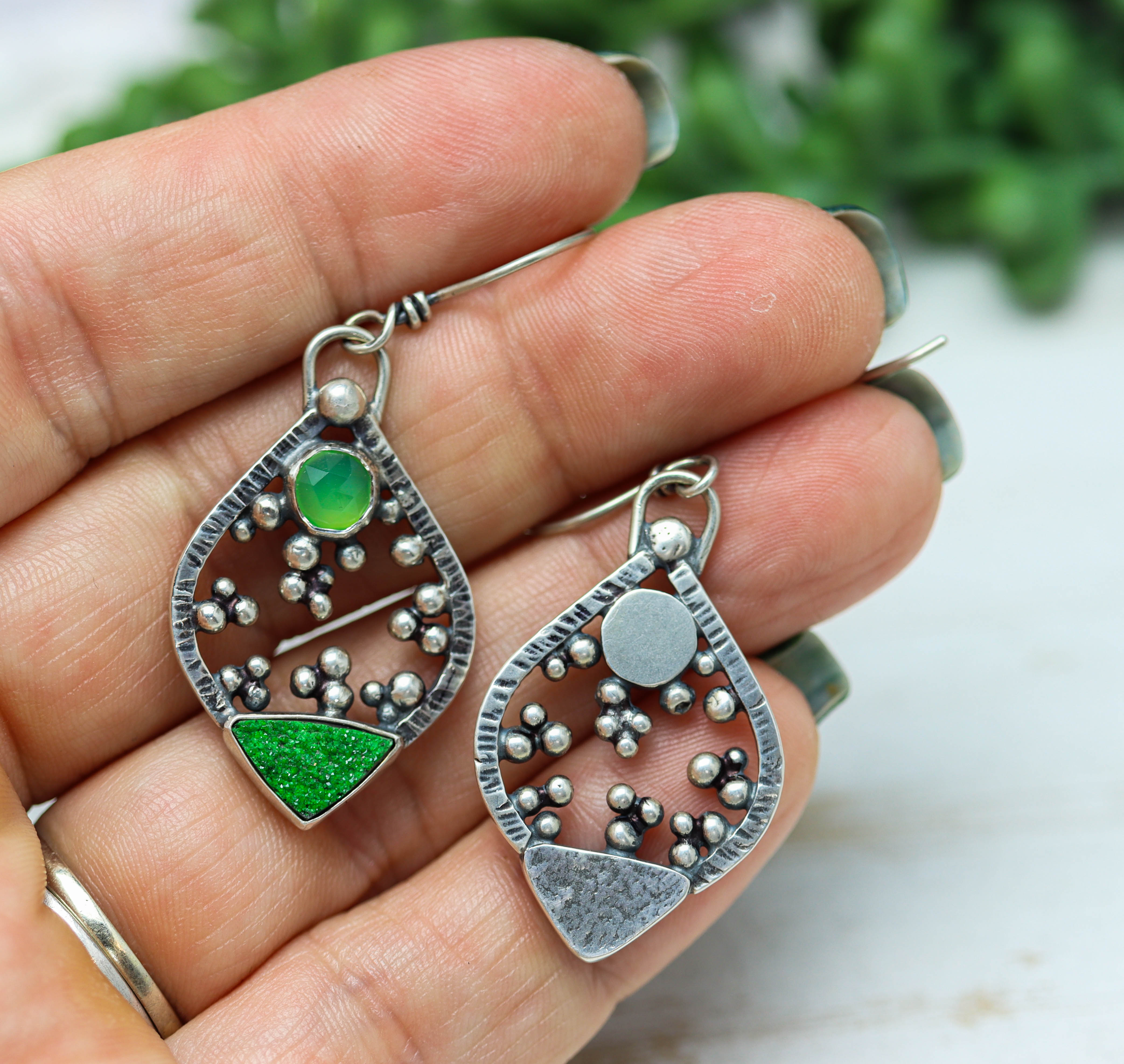 Chrysoprase and Uvarovite Garnet Earrings in Sterling Silver