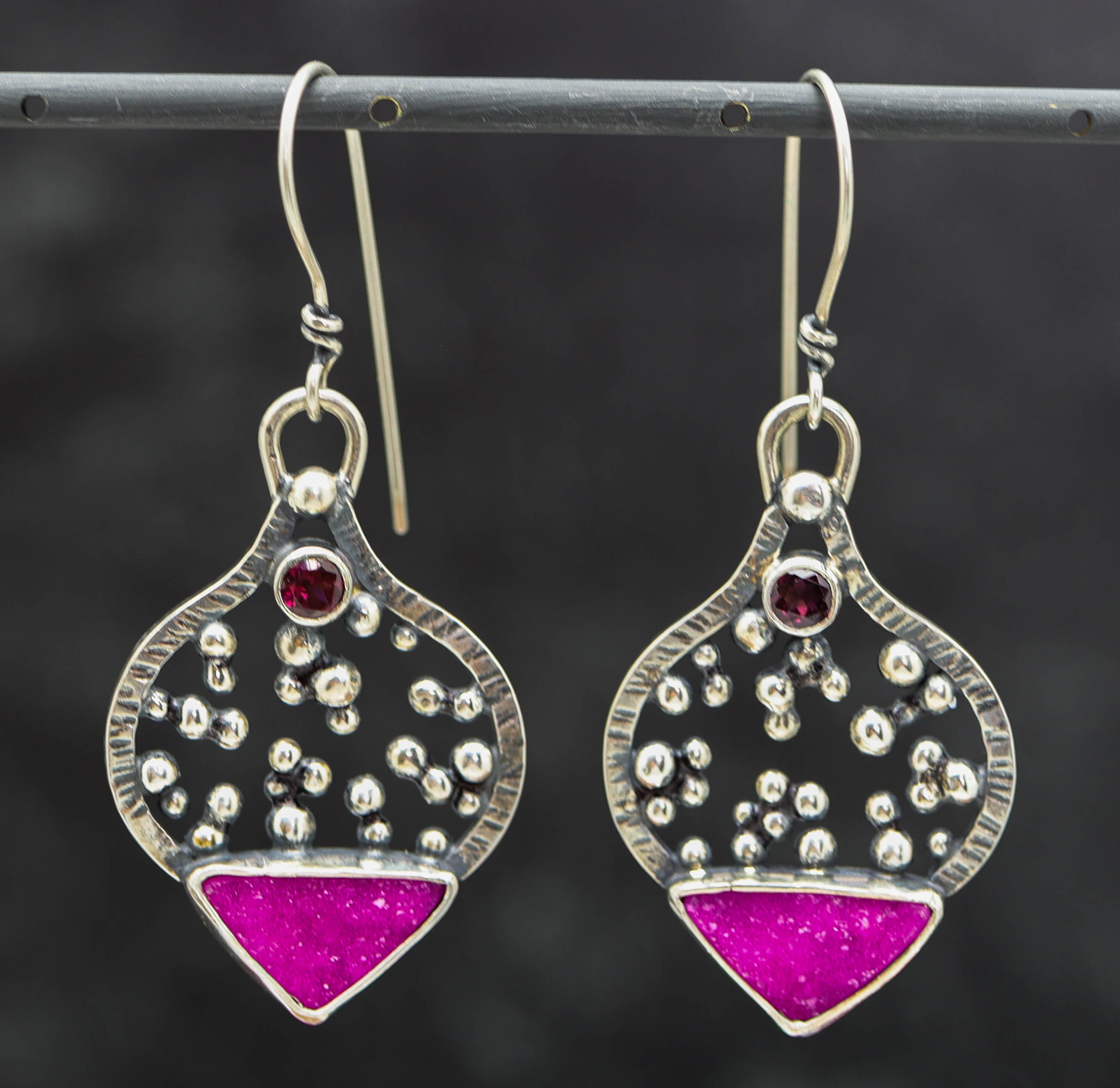 Cobalto Calcite and Rhodolite Garnet Sterling Silver Dangle Earrings
