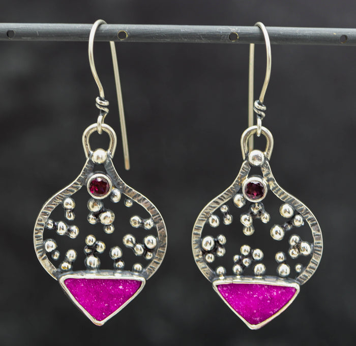 Cobalto Calcite and Rhodolite Garnet Sterling Silver Dangle Earrings