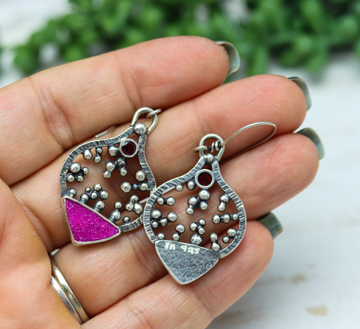 Cobalto Calcite and Rhodolite Garnet Sterling Silver Dangle Earrings