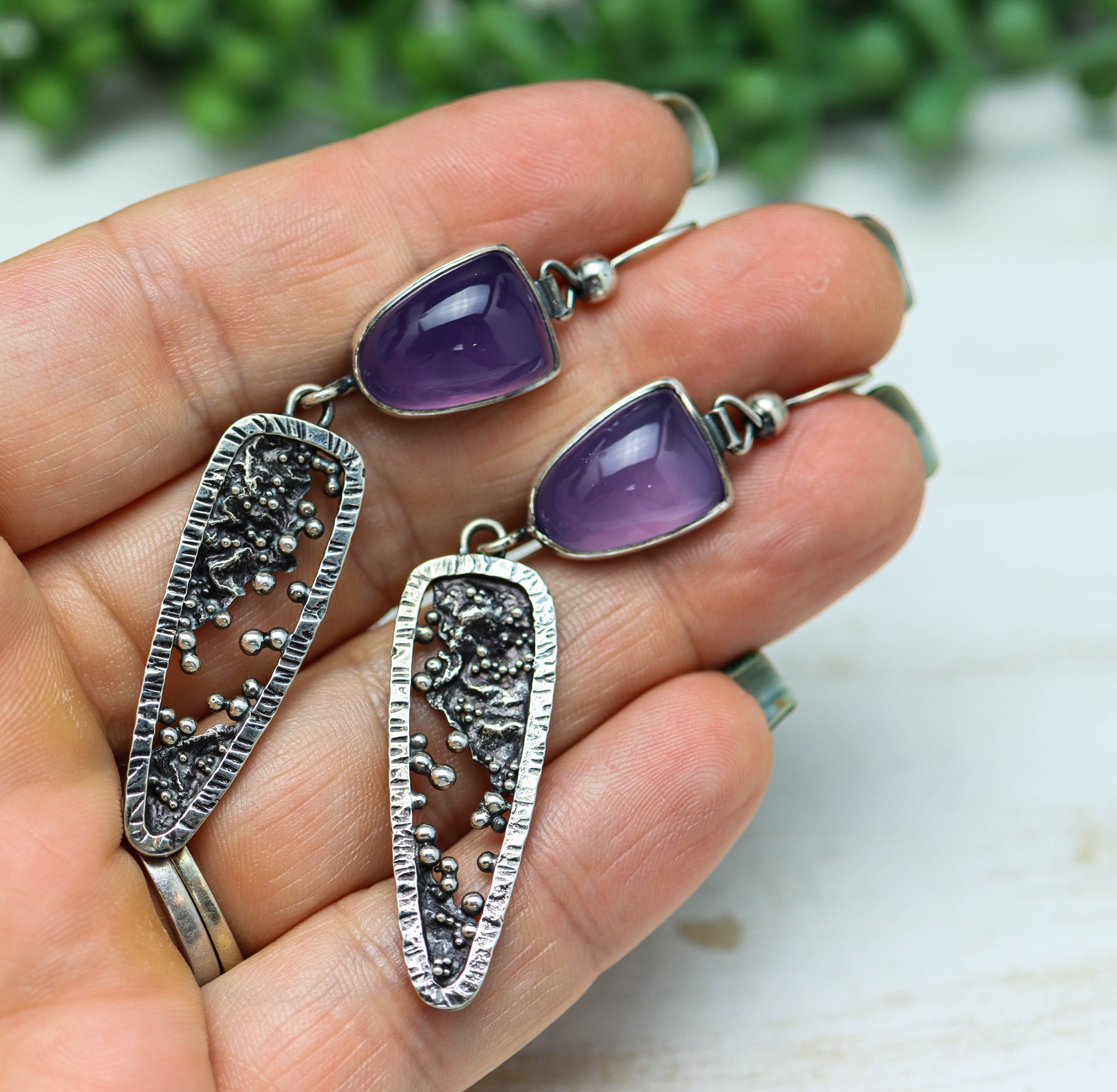 Lavender Chalcedony Reticulation and Granulation Earrings