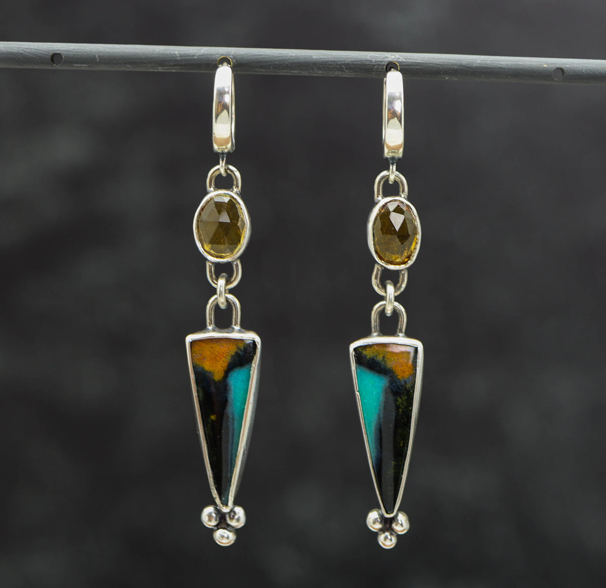 Citrine and Chrysocolla with Cuprite and Tenorite Sterling Silver Earrings