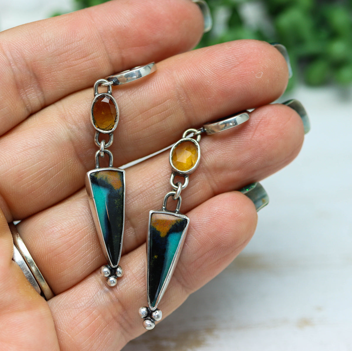 Citrine and Chrysocolla with Cuprite and Tenorite Sterling Silver Earrings