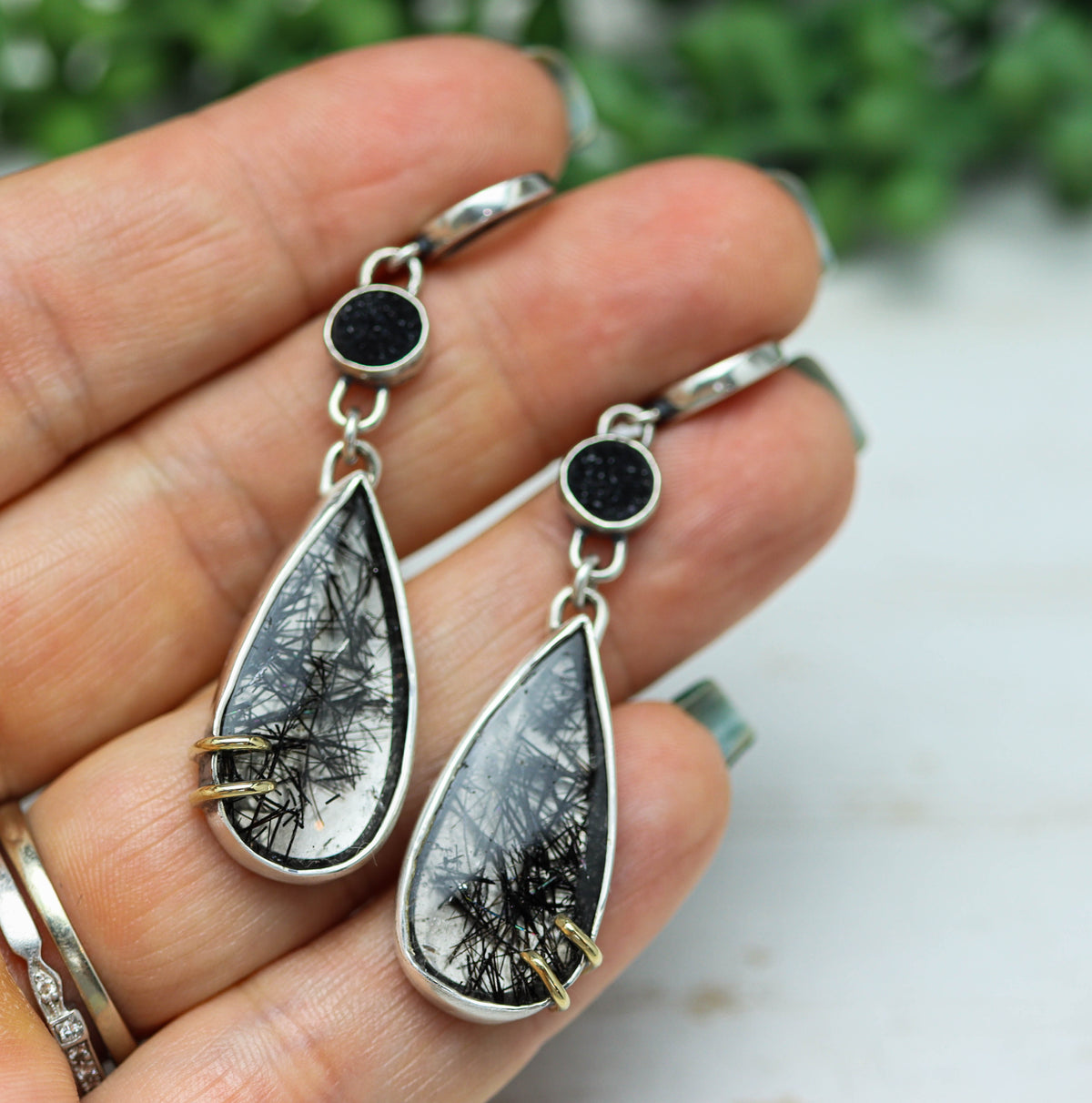 Black Tourmalinated Quartz & Druzy Earrings Sterling Silver & 18k Gold