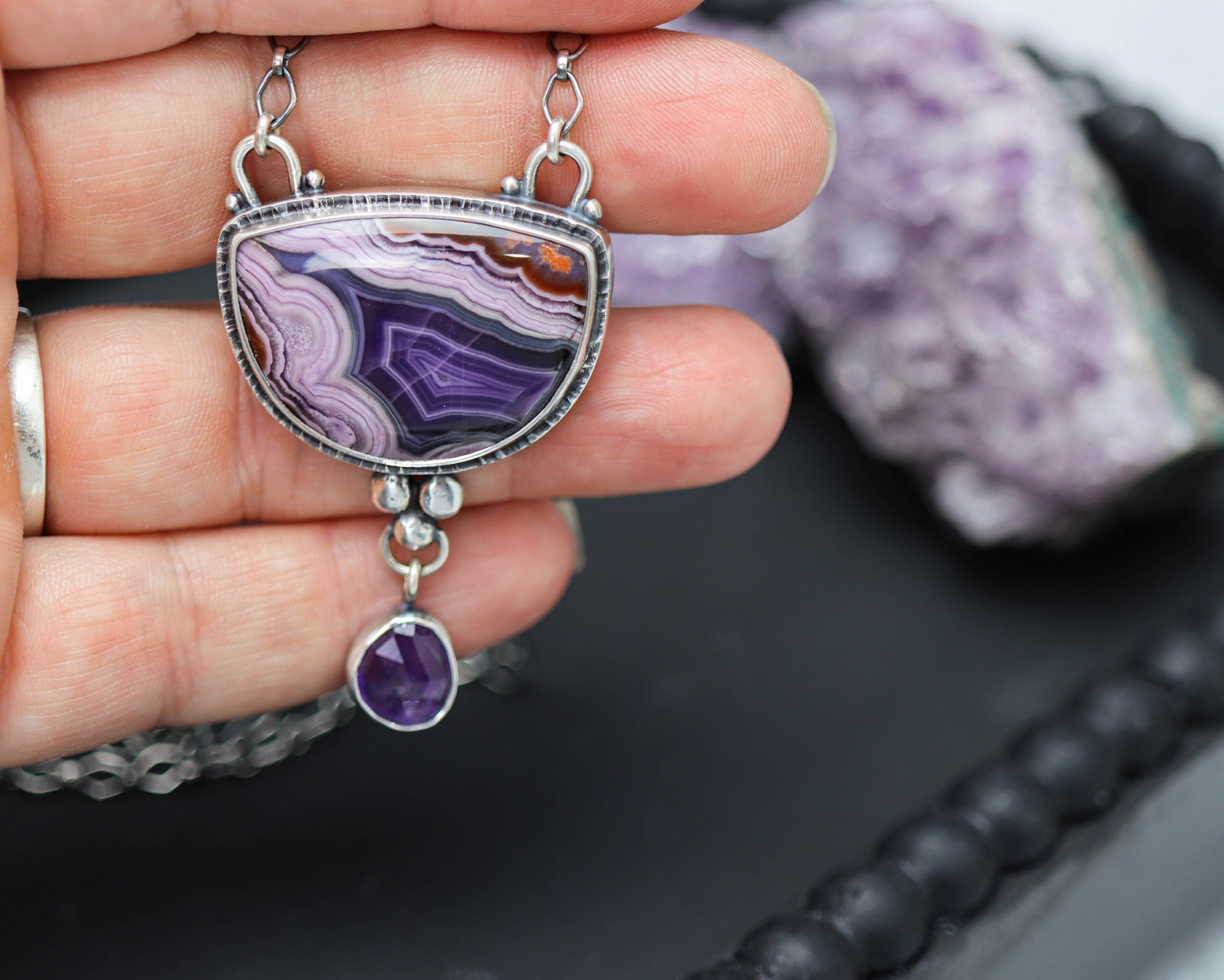 Purple Passion Agate and Amethyst Pendant Necklace