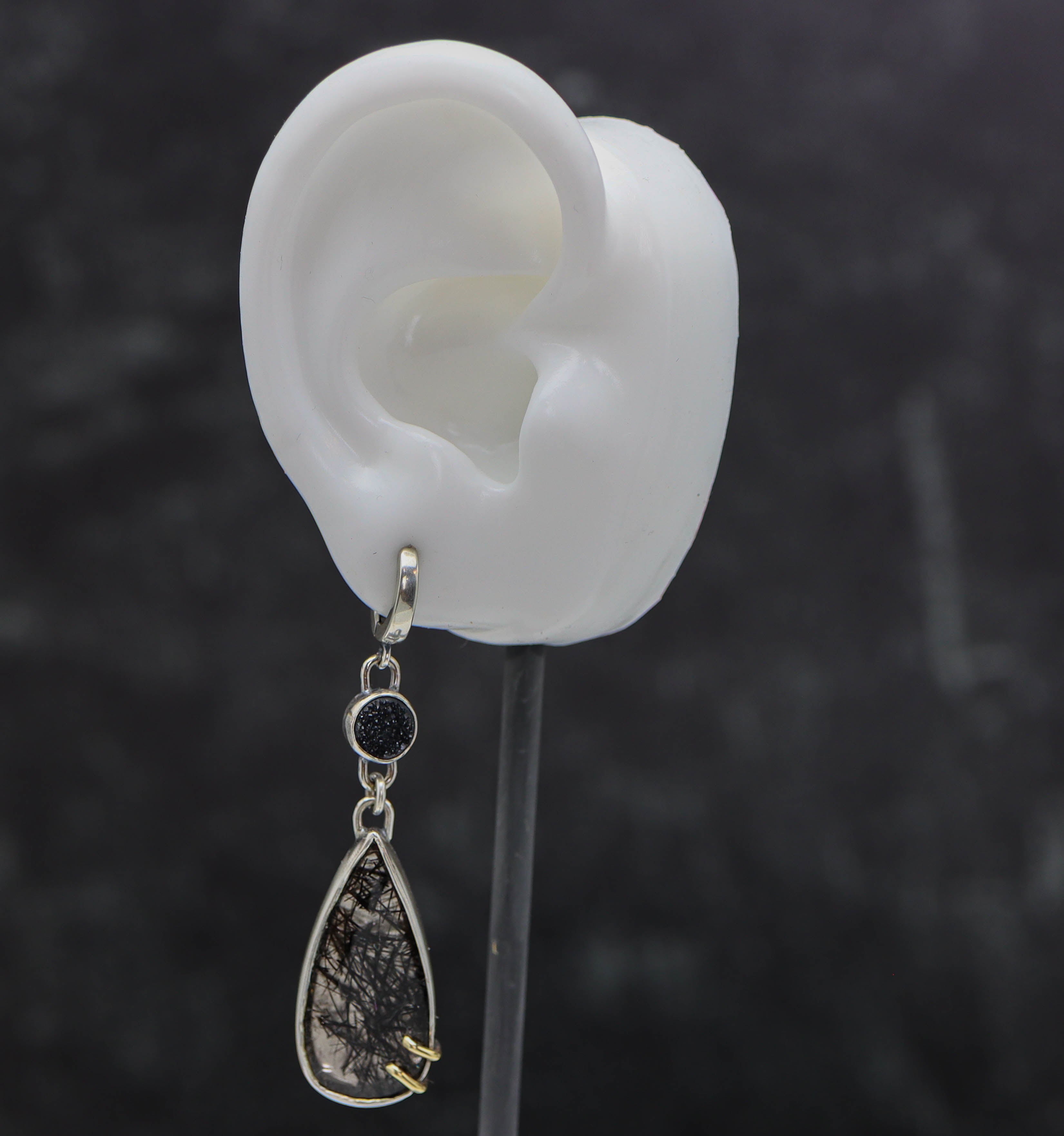 Black Tourmalinated Quartz & Druzy Earrings Sterling Silver & 18k Gold