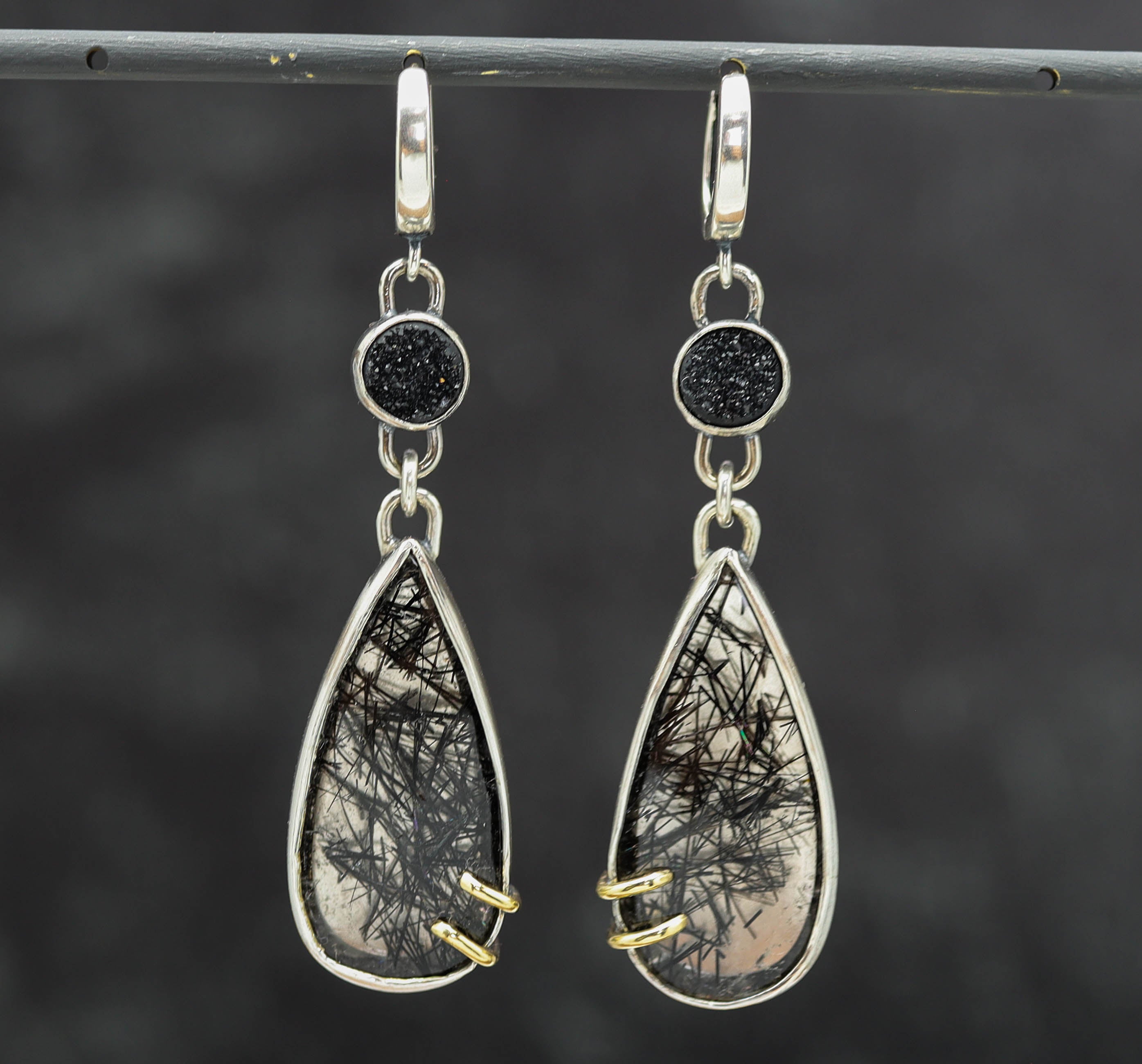 Black Tourmalinated Quartz & Druzy Earrings Sterling Silver & 18k Gold
