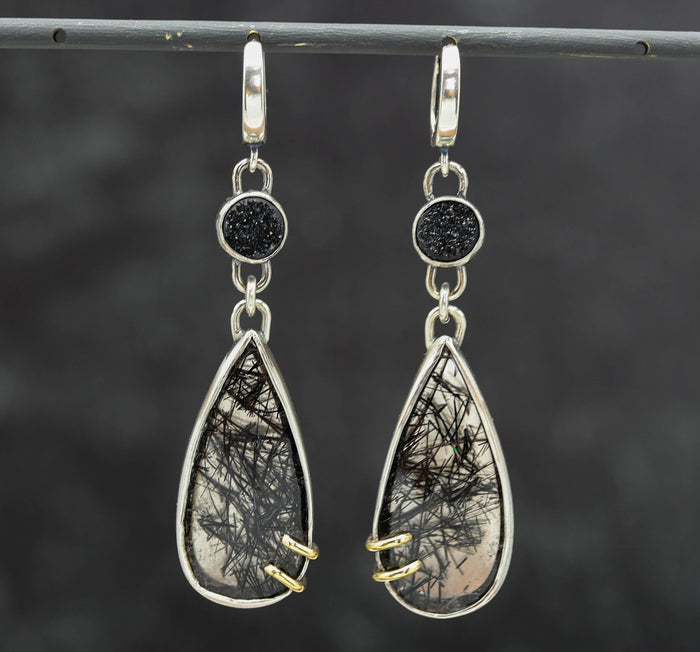 Black Tourmalinated Quartz & Druzy Earrings Sterling Silver & 18k Gold