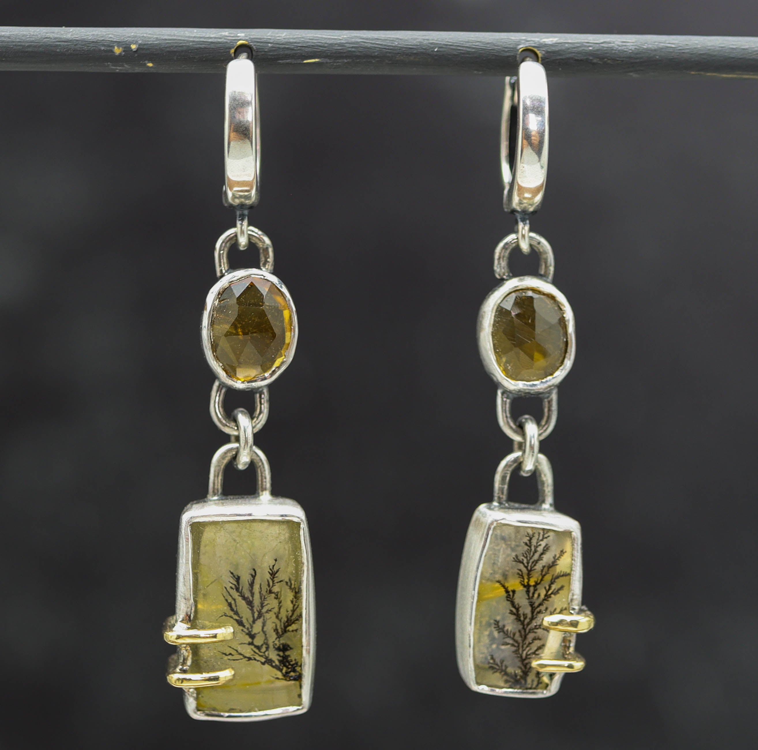 Dendritic Quartz and Citrine Dangle Earrings Sterling Silver and 18k Gold