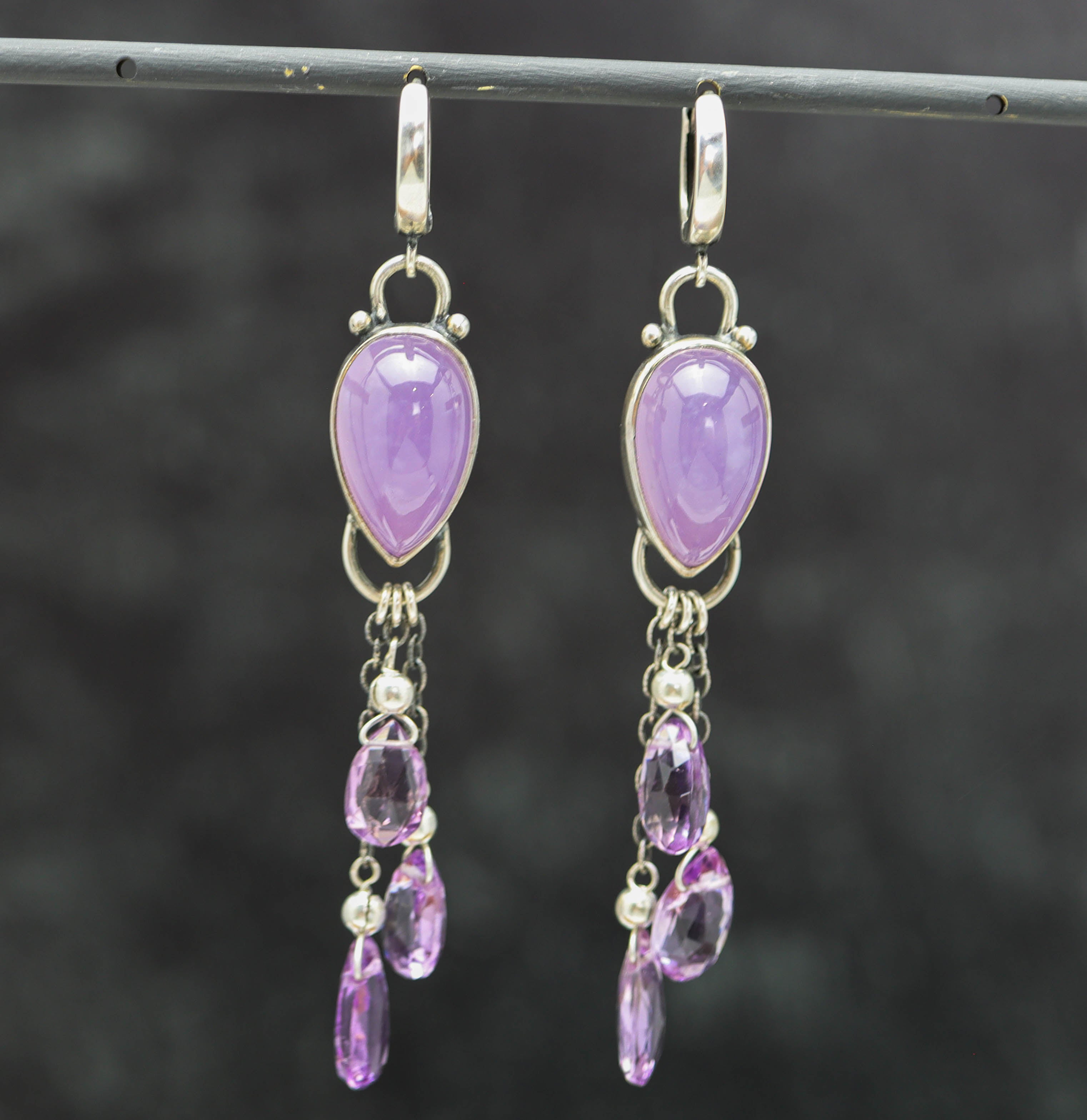 Purple Chalcedony and Amethyst Sterling Silver Dangle Earrings