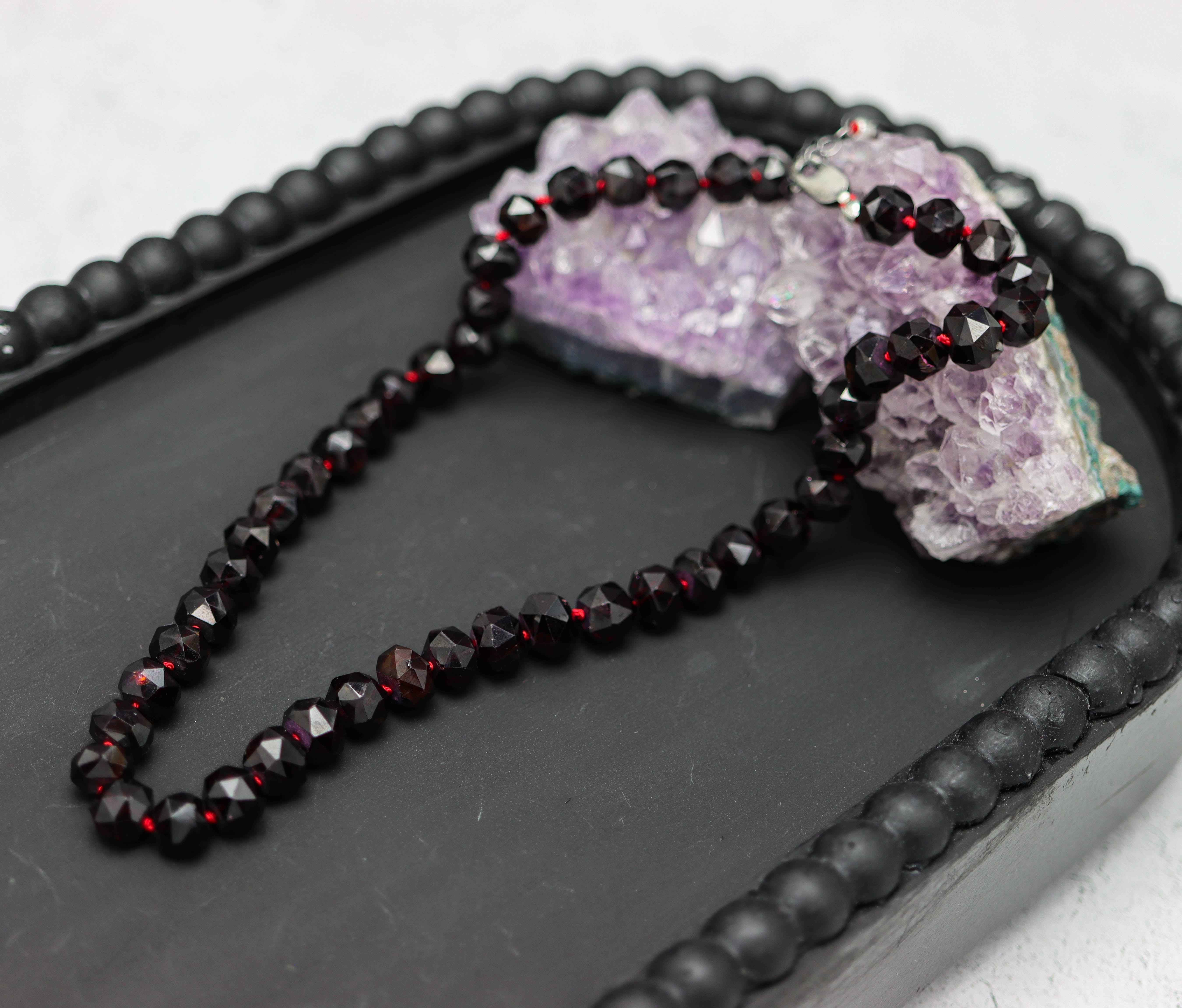 Red Garnet Hand Knotted Bead Necklace Sterling Silver Short Length