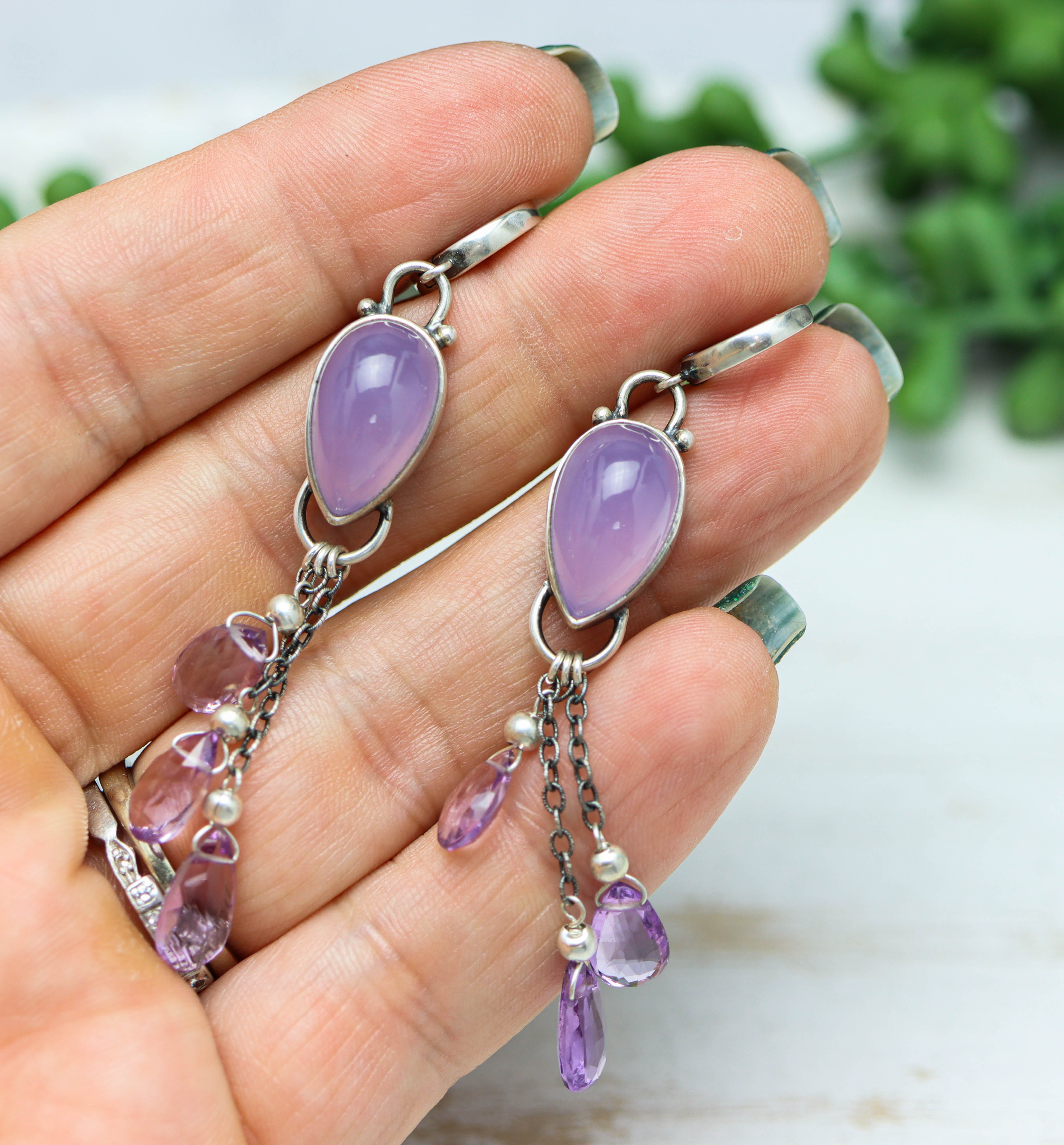 Purple Chalcedony and Amethyst Sterling Silver Dangle Earrings