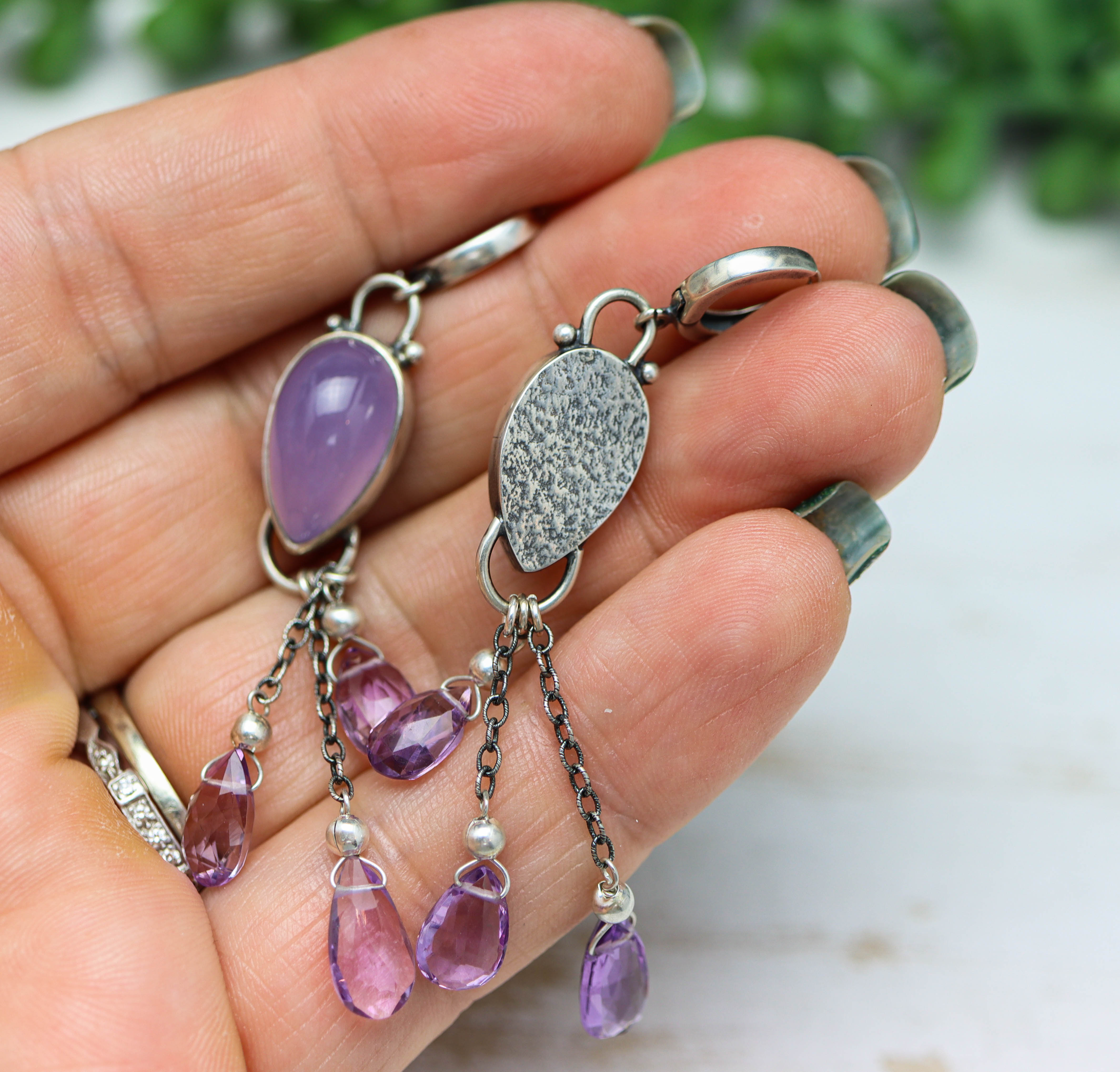 Purple Chalcedony and Amethyst Sterling Silver Dangle Earrings