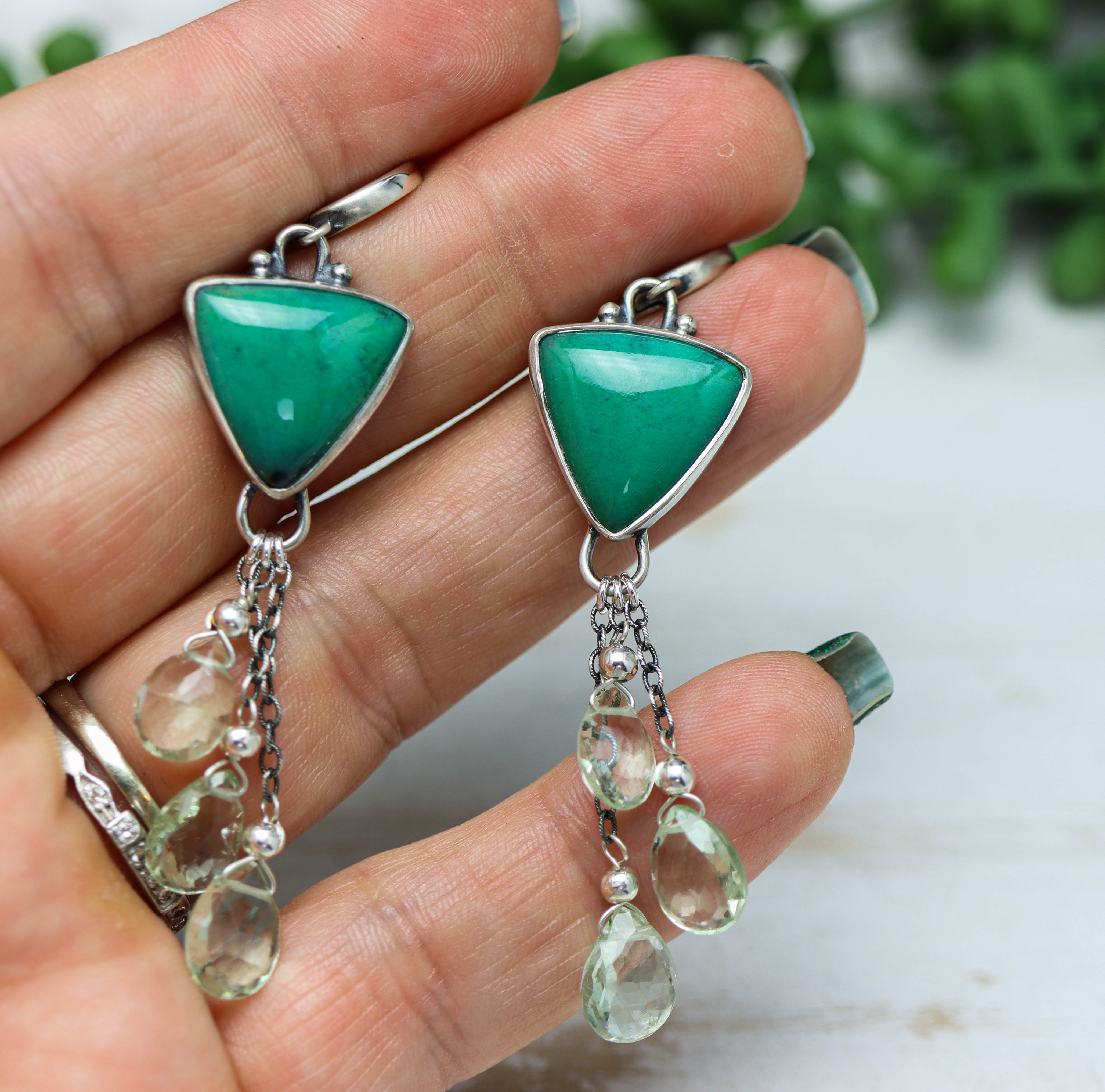 Opalized Chrysocolla and Prasiolite Sterling Silver Earrings