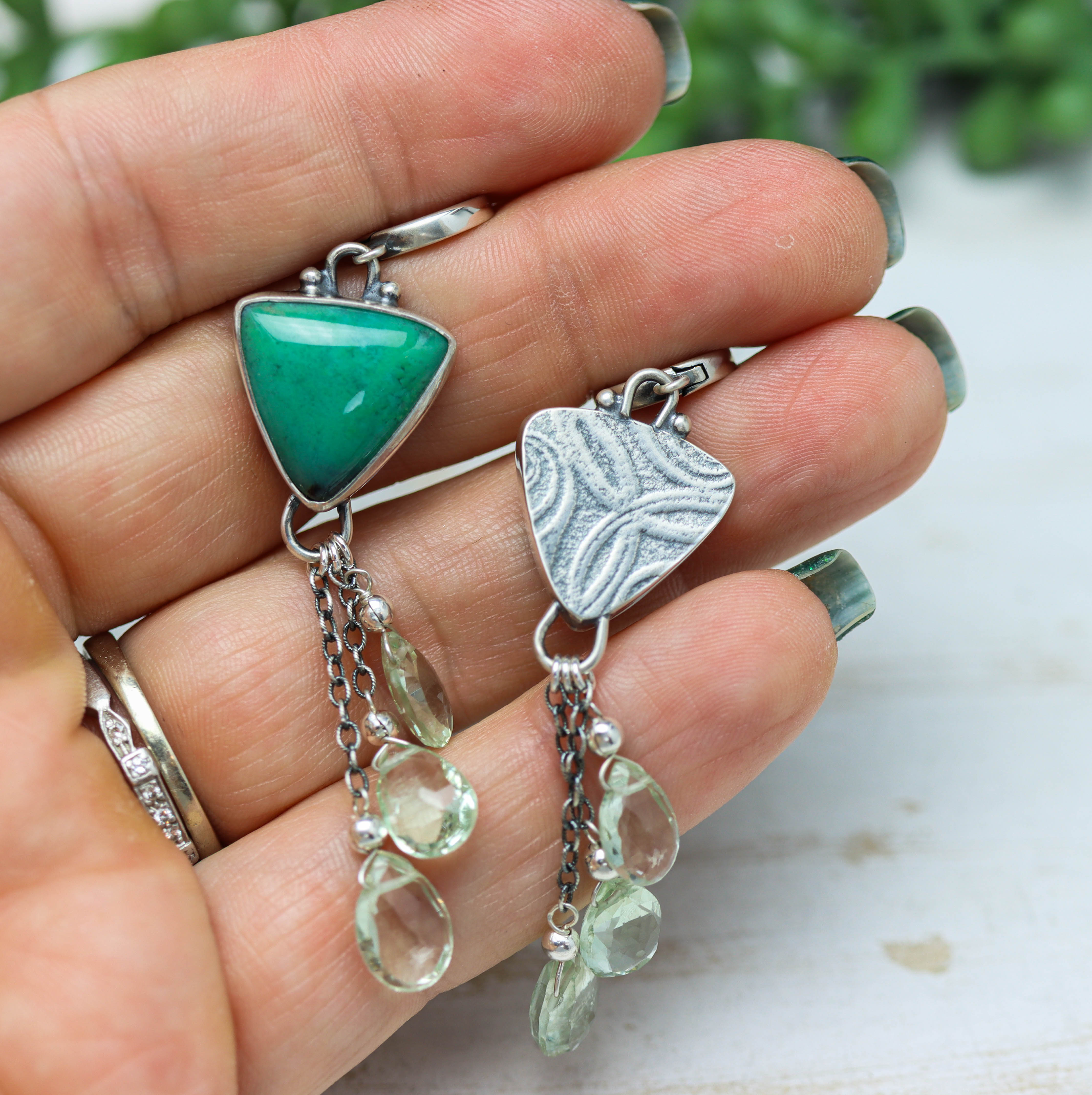 Opalized Chrysocolla and Prasiolite Sterling Silver Earrings