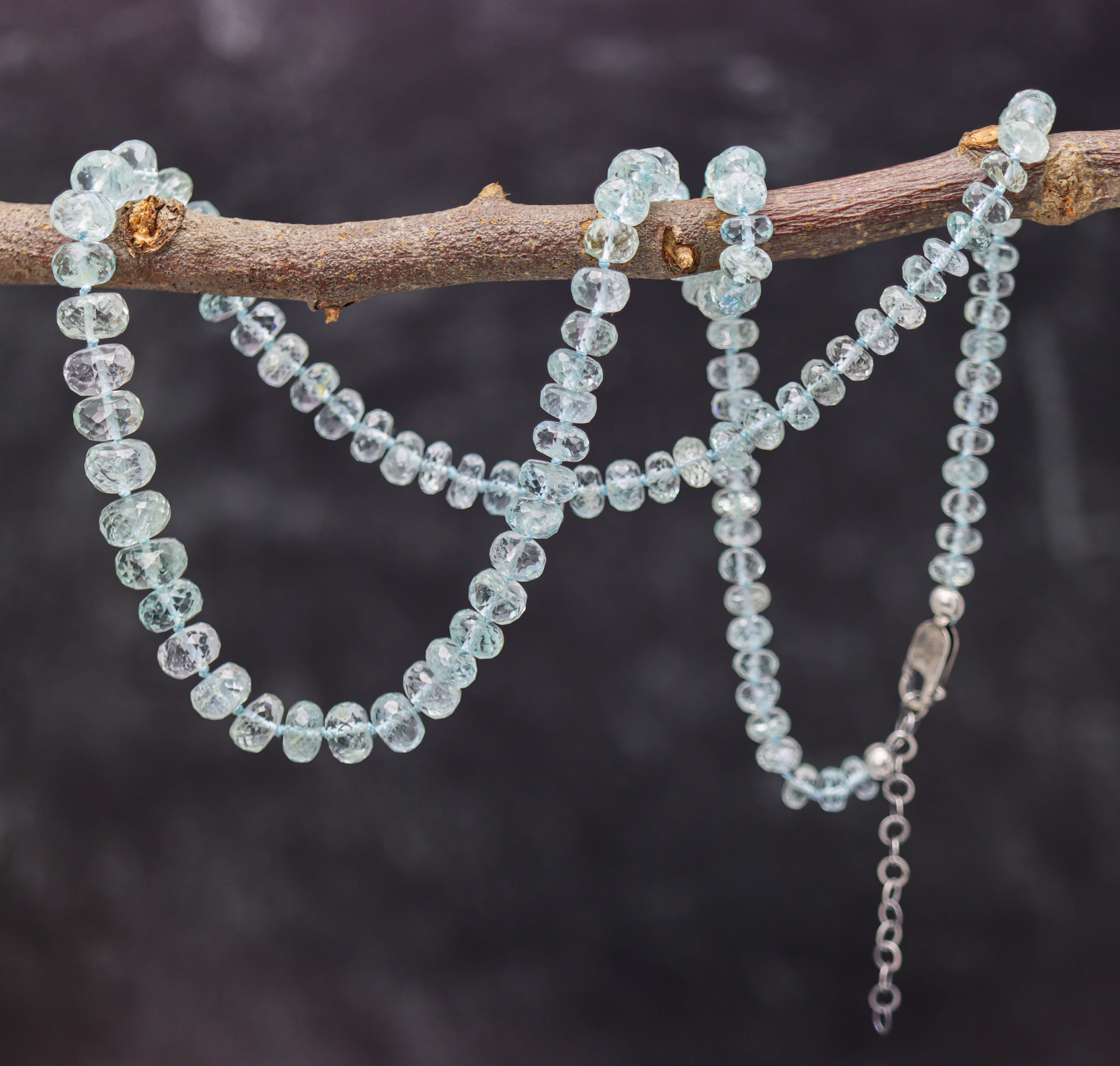 Icy Blue Aquamarine Hand Knotted Bead Necklace Sterling Silver