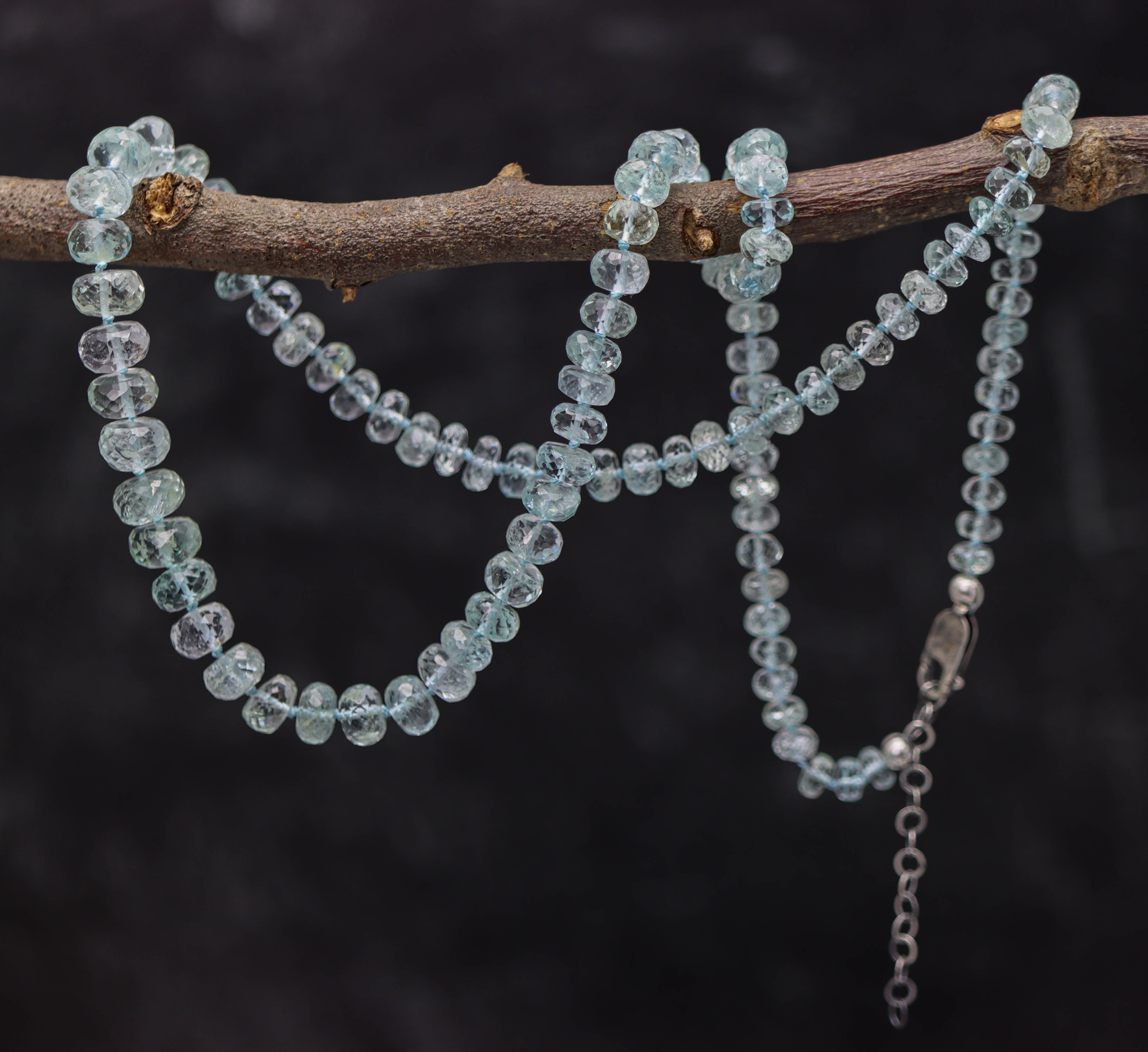 Icy Blue Aquamarine Hand Knotted Bead Necklace Sterling Silver
